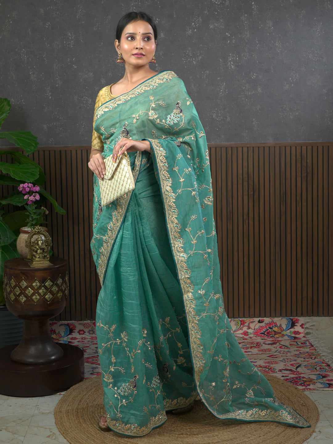 Gota Sea-Green Embroidered Saree