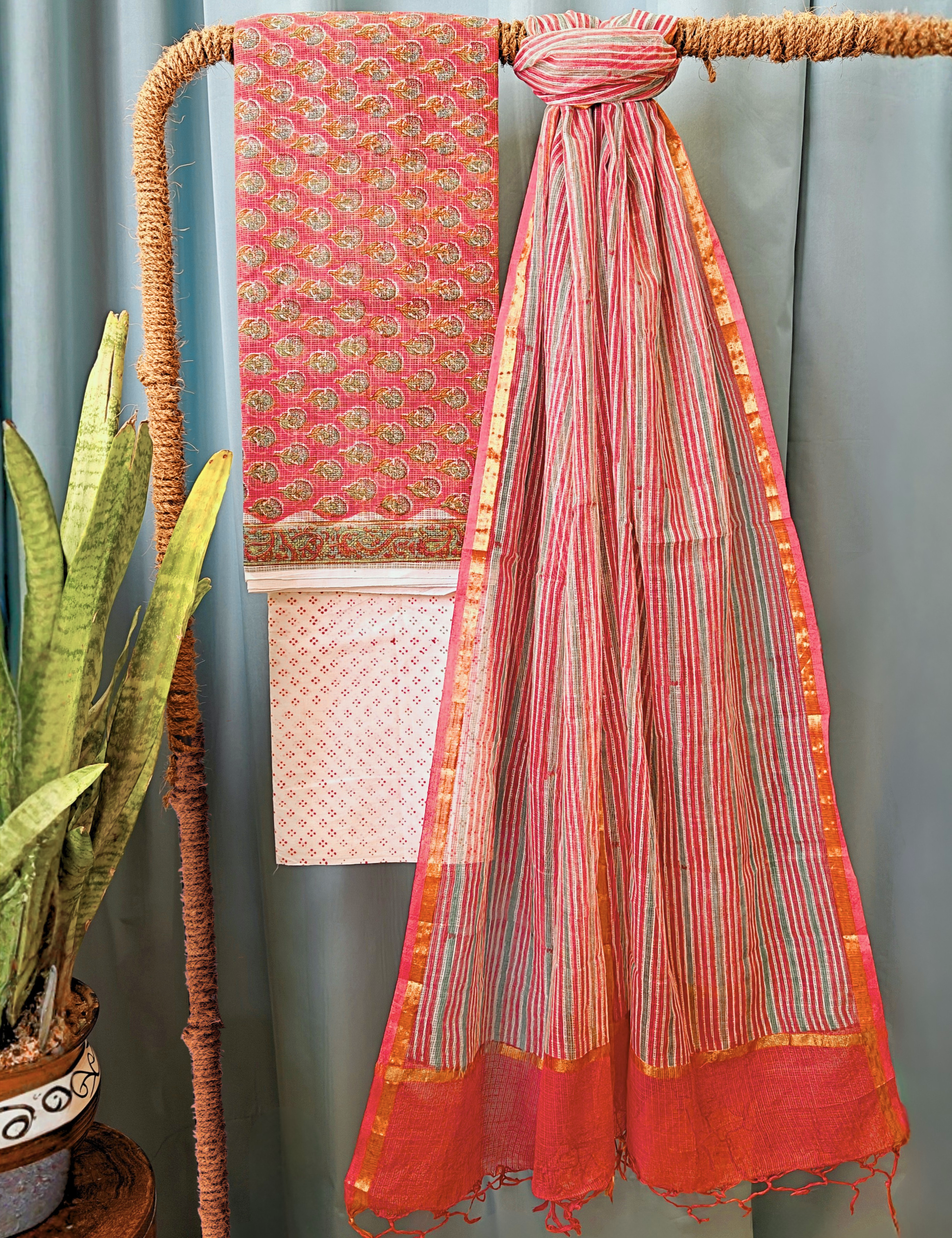 Vaayu Dusty-Pink Bagru Dress Material