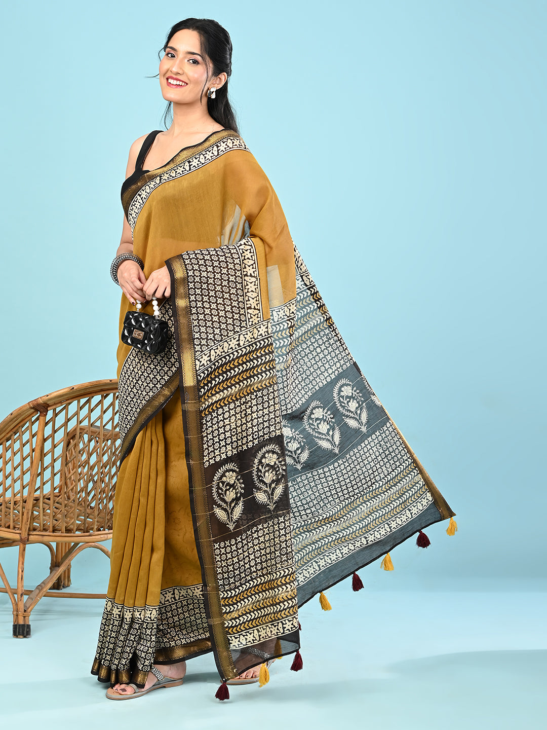 Pushpavali Yellow Block Print Saree