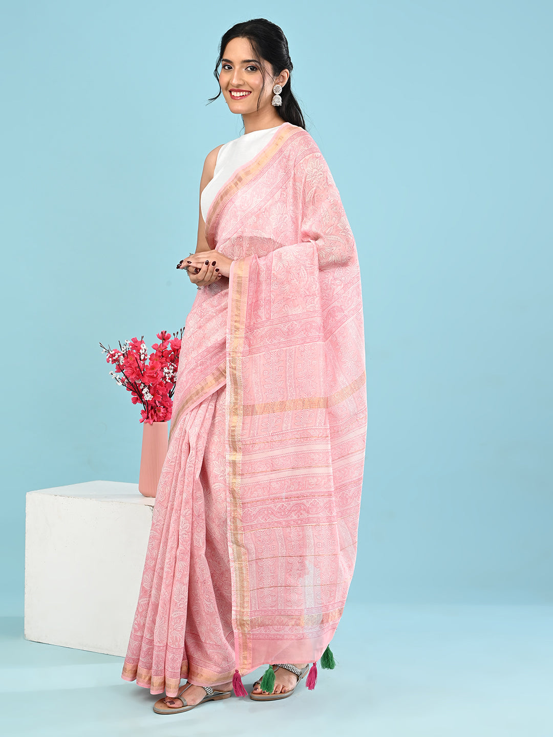 Marupushpa Pink Block Print Saree