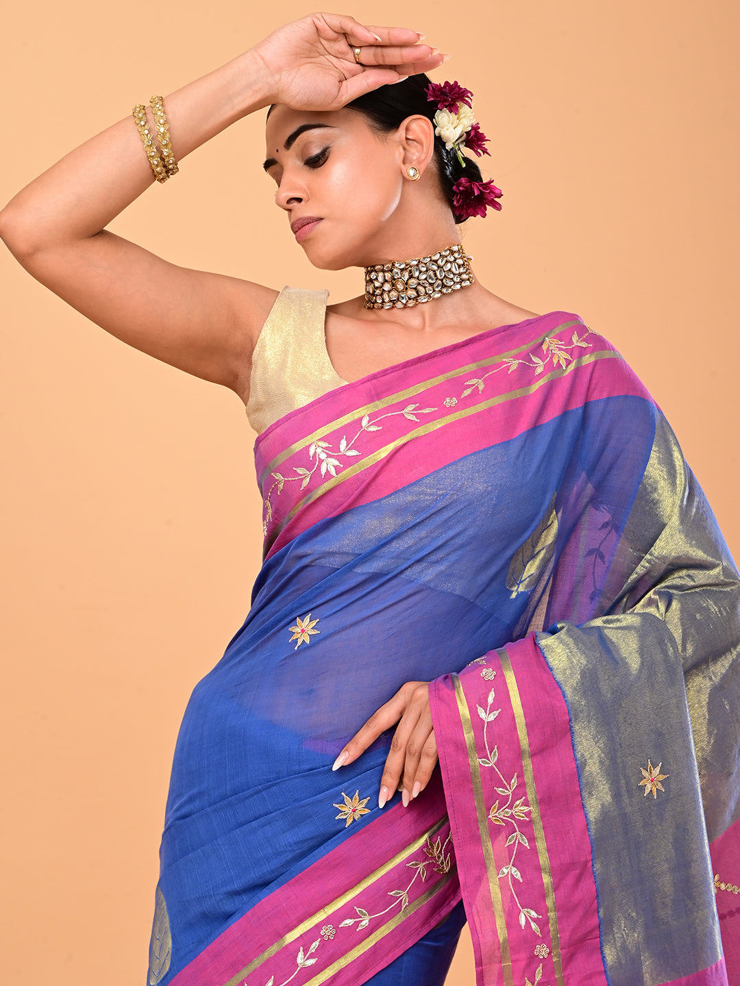 Paan Blue Venkatagiri Jamdani & Gota Patti Saree