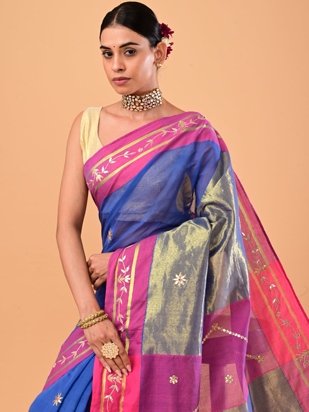Paan Blue Venkatagiri Jamdani & Gota Patti Saree