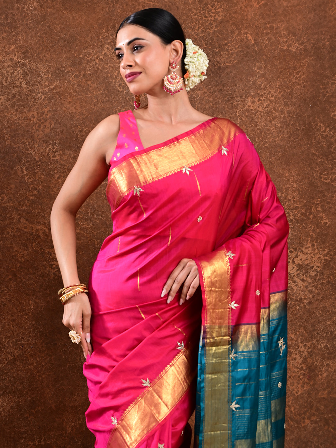 Rajani Fuchsia Kanjevaram Handloom Silk & Gota Patti Saree
