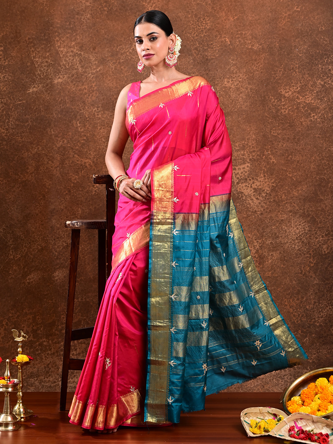 Rajani Fuchsia Kanjevaram Handloom Silk & Gota Patti Saree