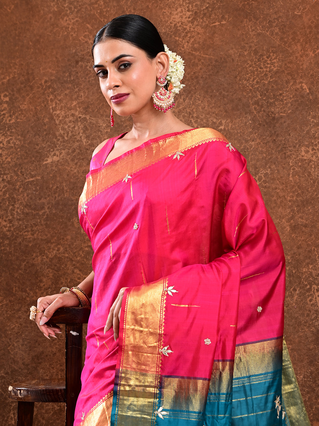 Rajani Fuchsia Kanjevaram Handloom Silk & Gota Patti Saree