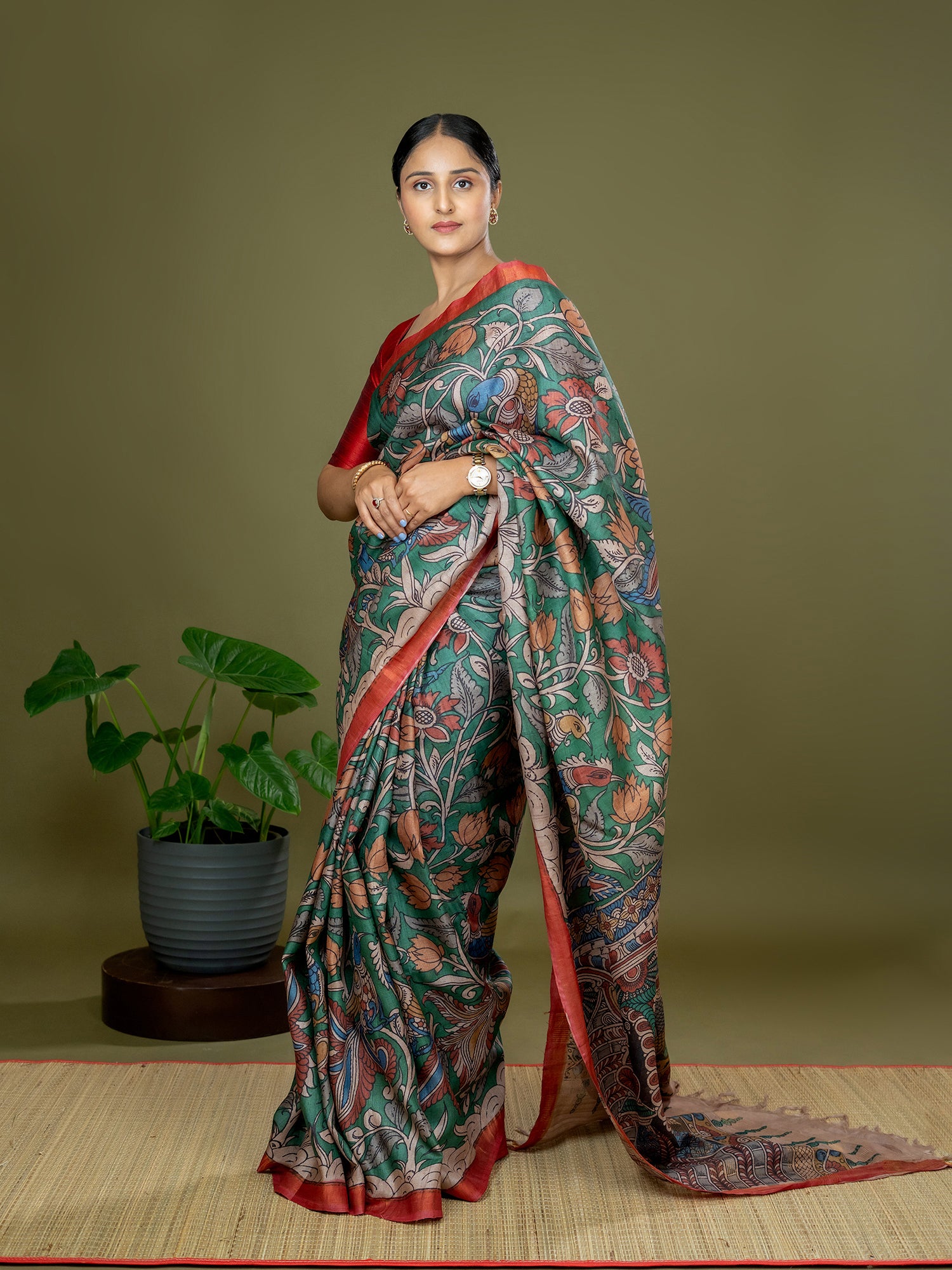 Manjari Dark Green Kalamkari Saree