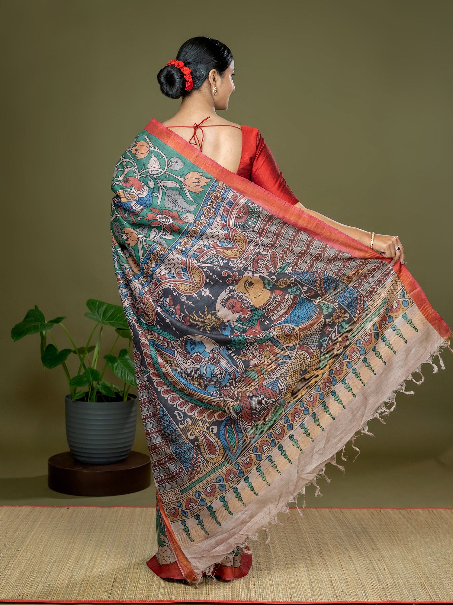 Manjari Dark Green Kalamkari Saree