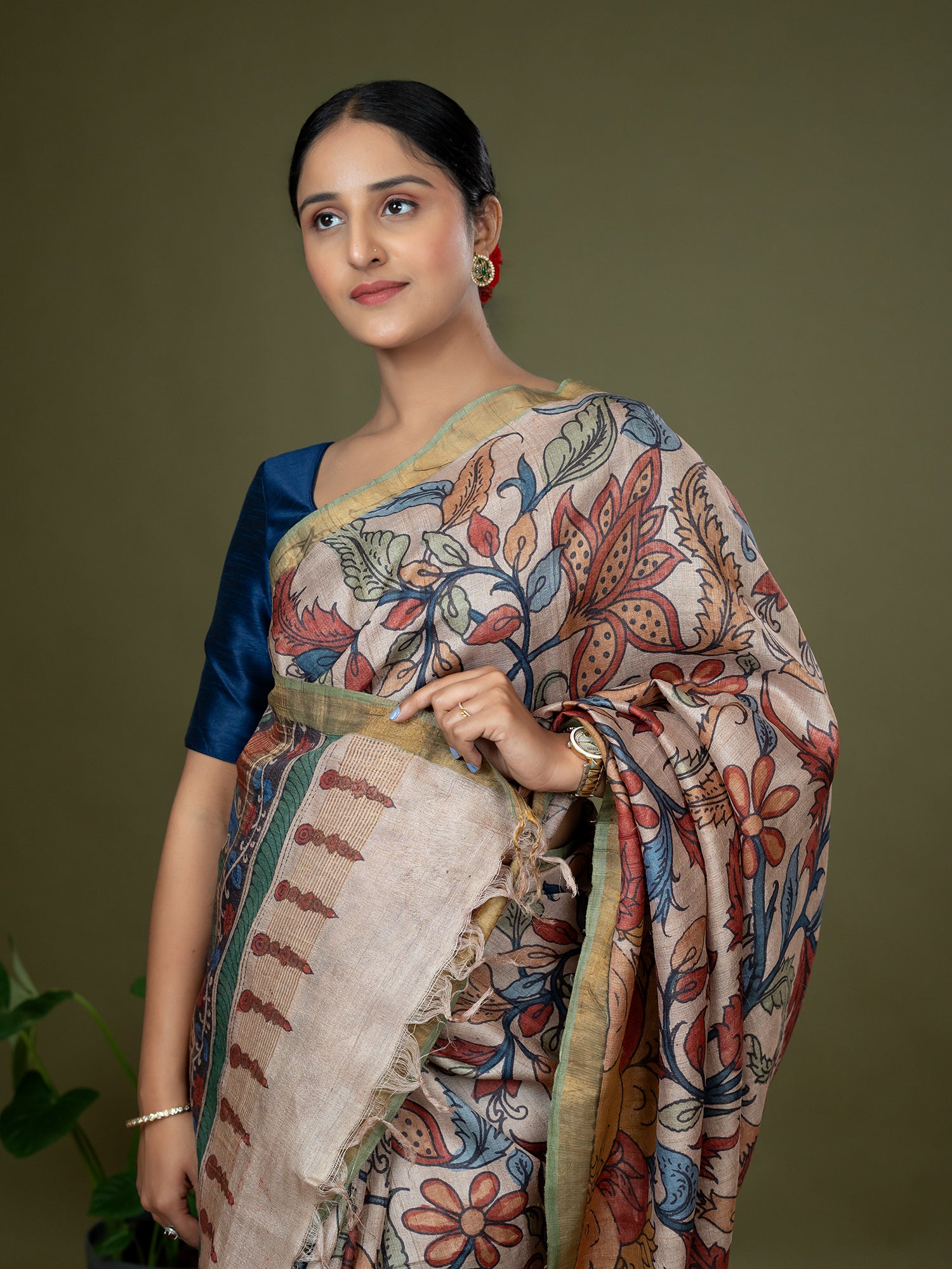 Manjari Light Brown Kalamkari Saree