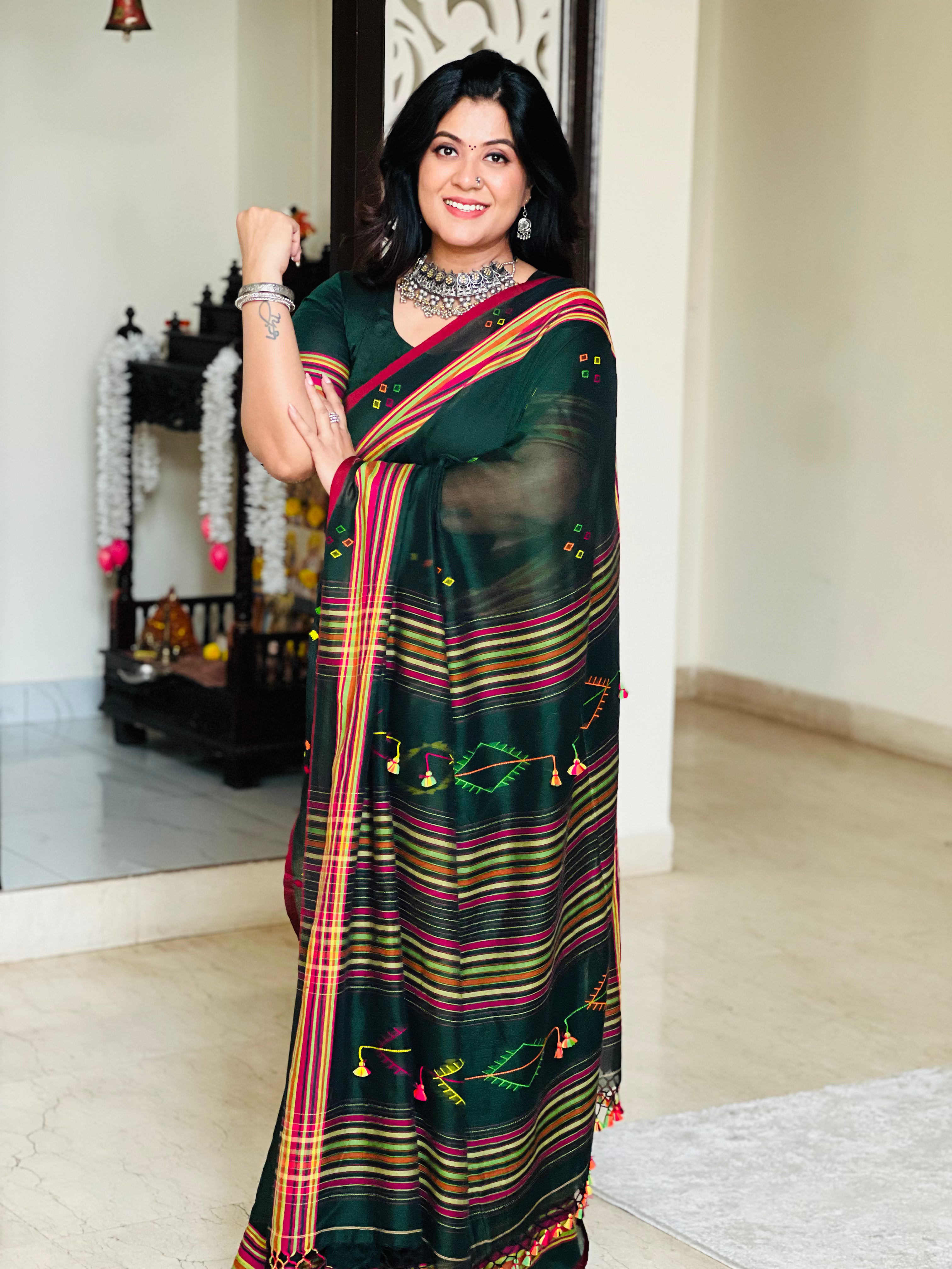 Kashi Bottle Green Bengal Handloom Saree