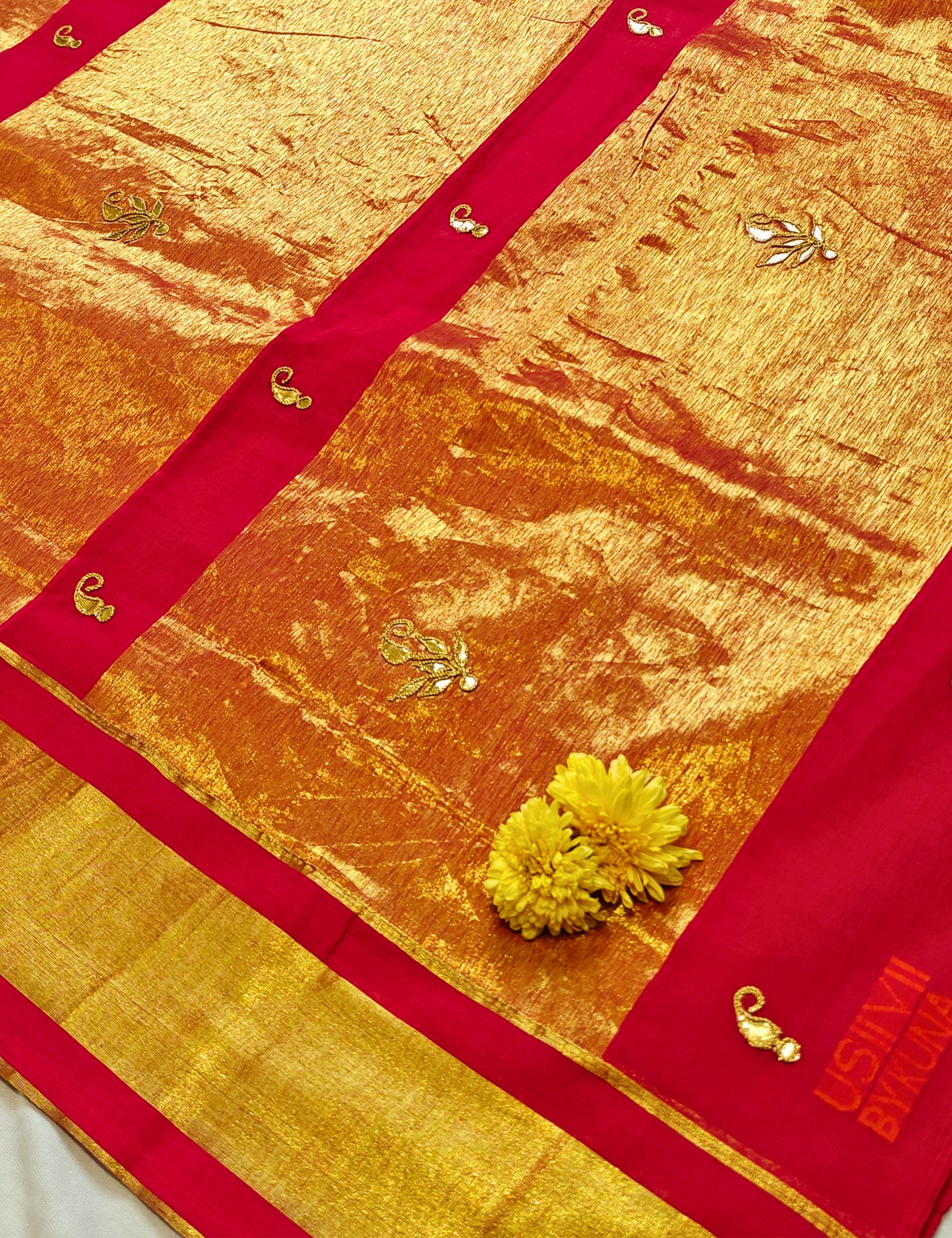 Genda Red Venkatagiri Jamdani & Gota Patti Saree