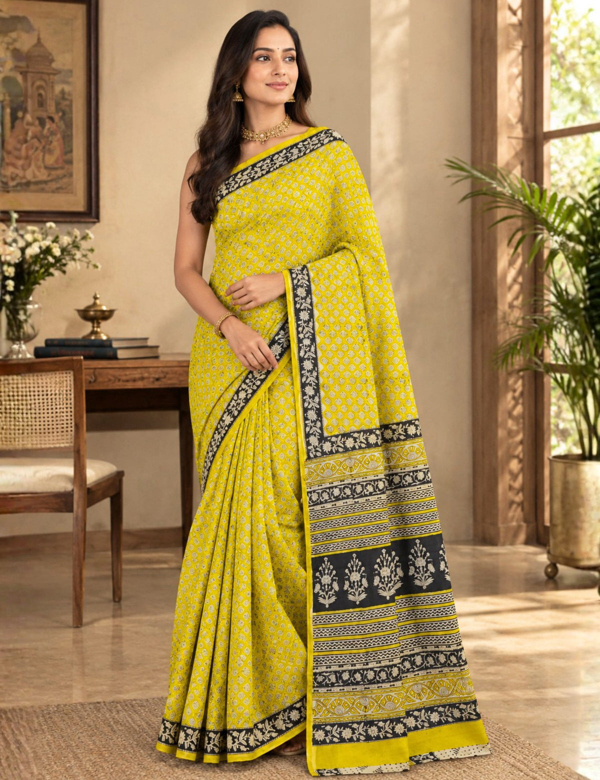 Prayaga Yellow Bagru Saree