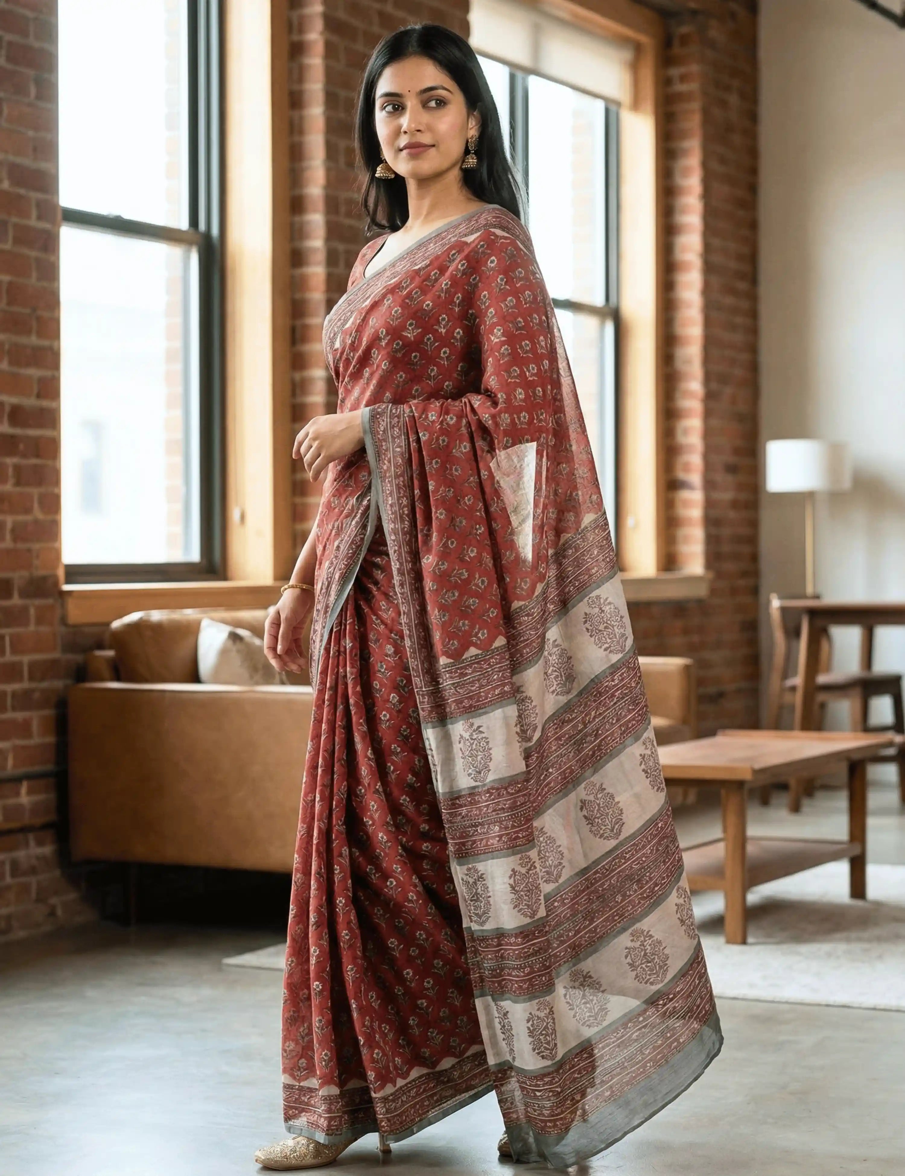 Indus Red Bagru Saree