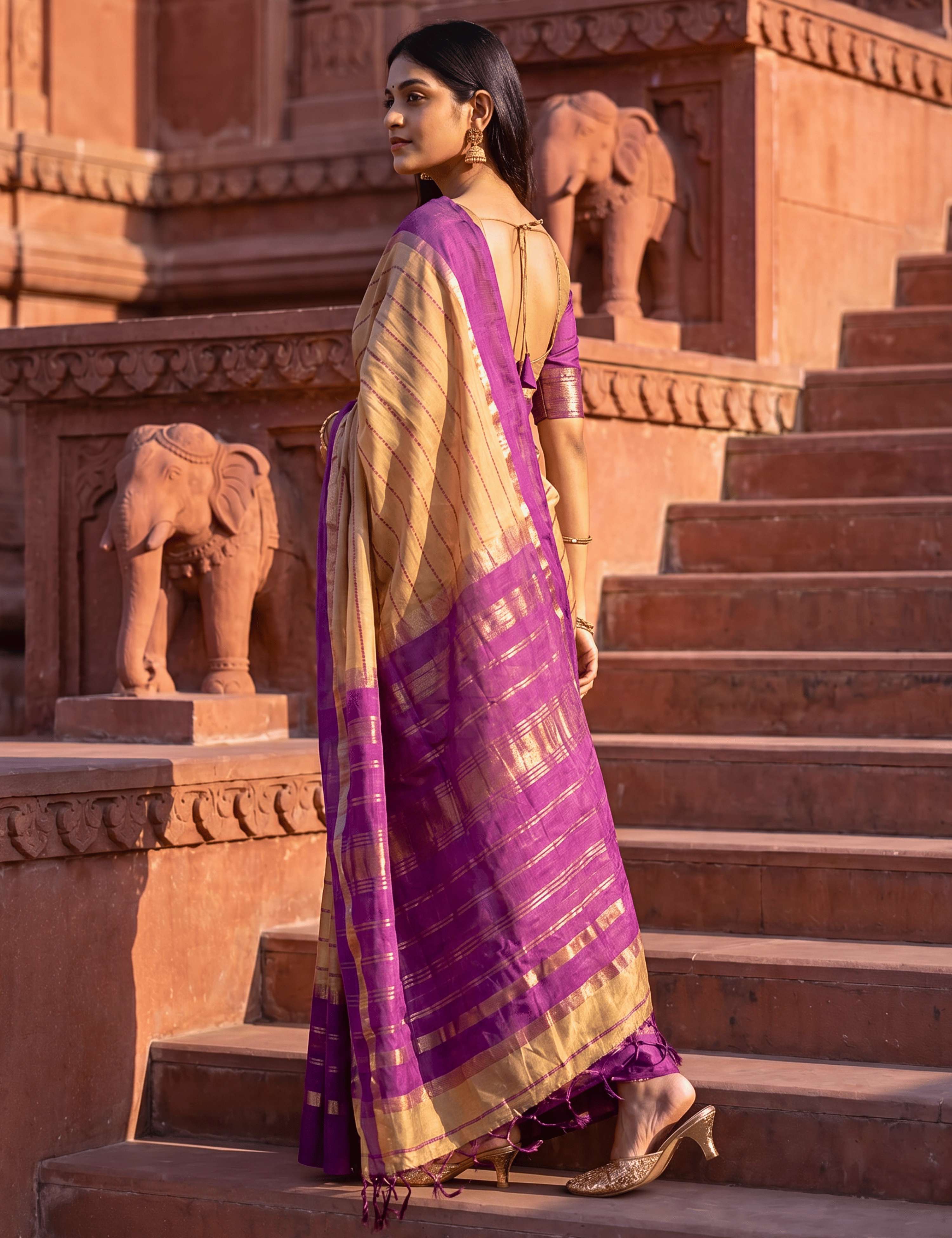 Ashima Beige Negamam Cotton Saree