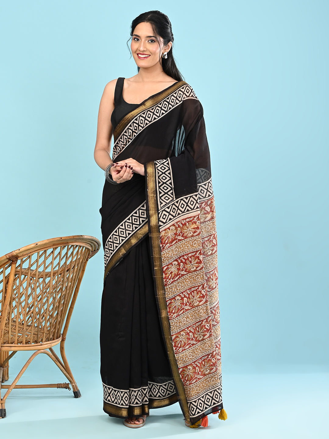 Pushpavali Black Block Print Saree