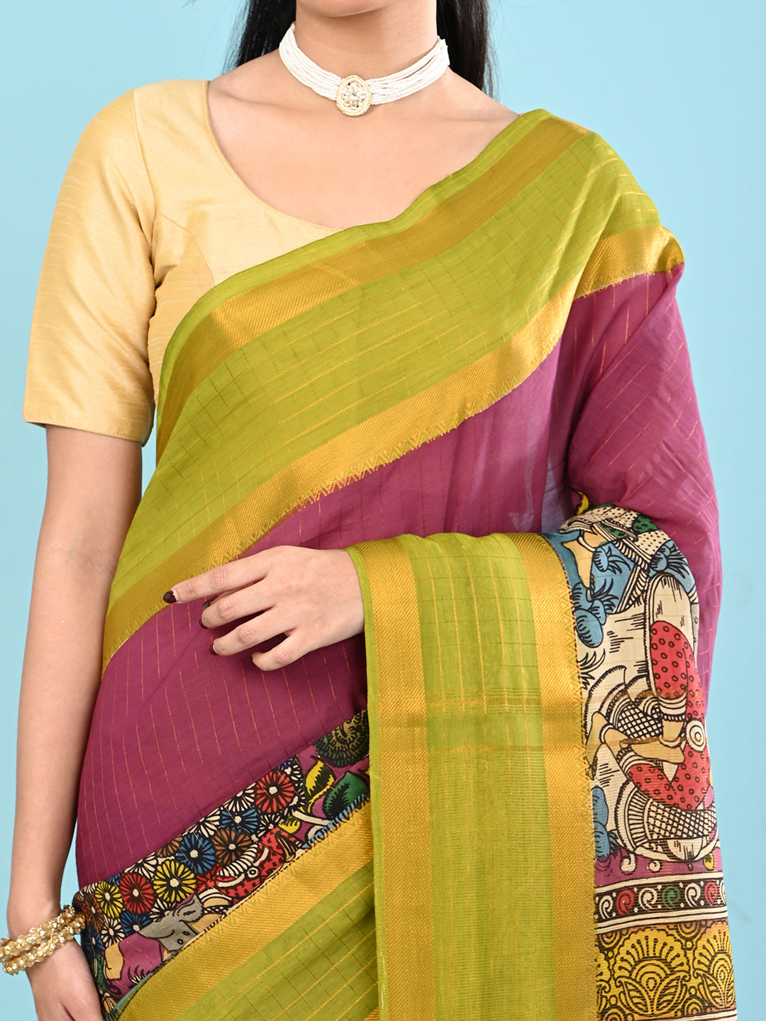 Manjari Purple Pen Kalamkari Saree