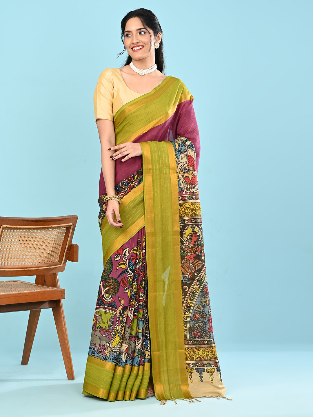 Manjari Purple Pen Kalamkari Saree