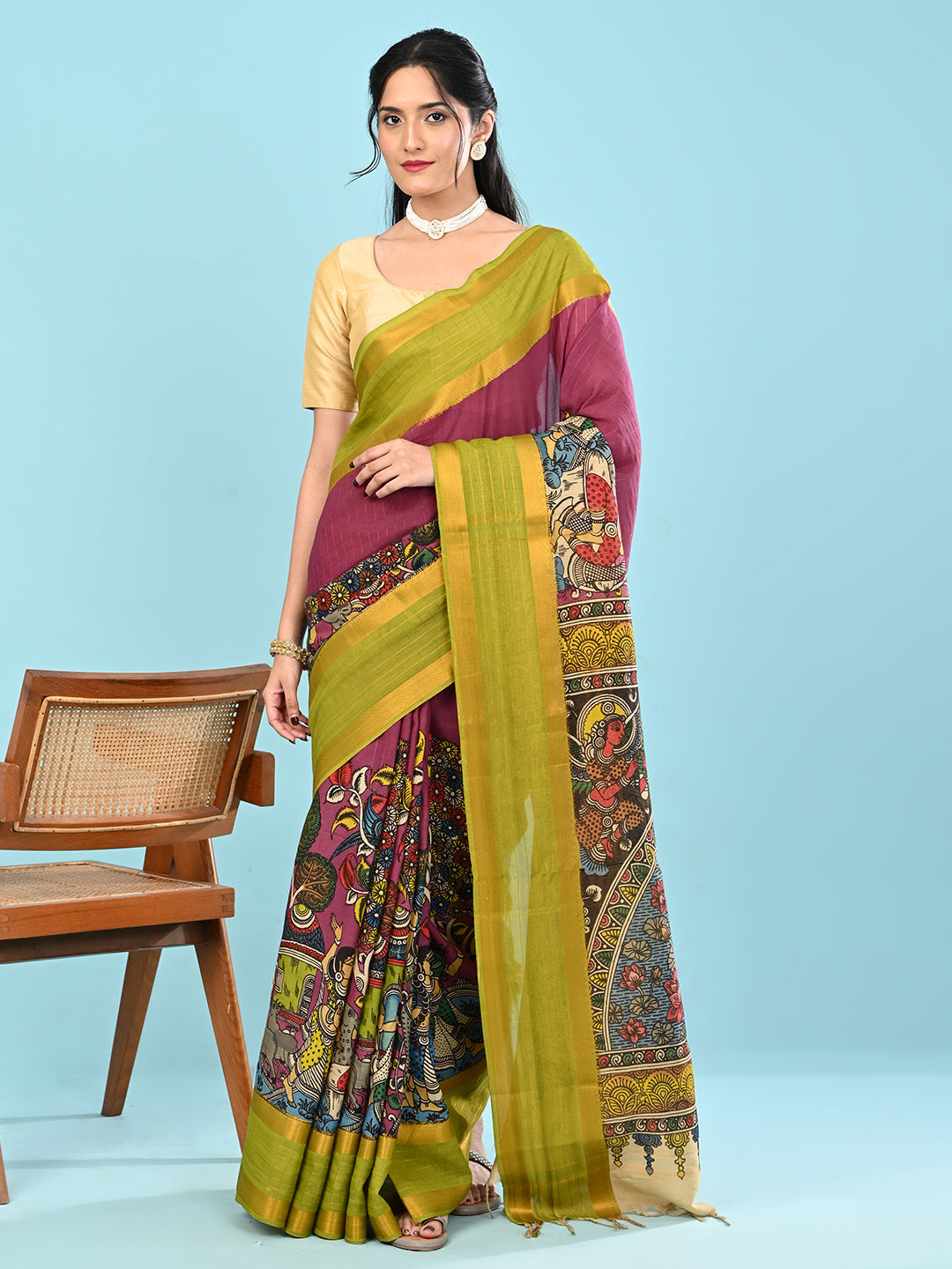 Manjari Purple Pen Kalamkari Saree