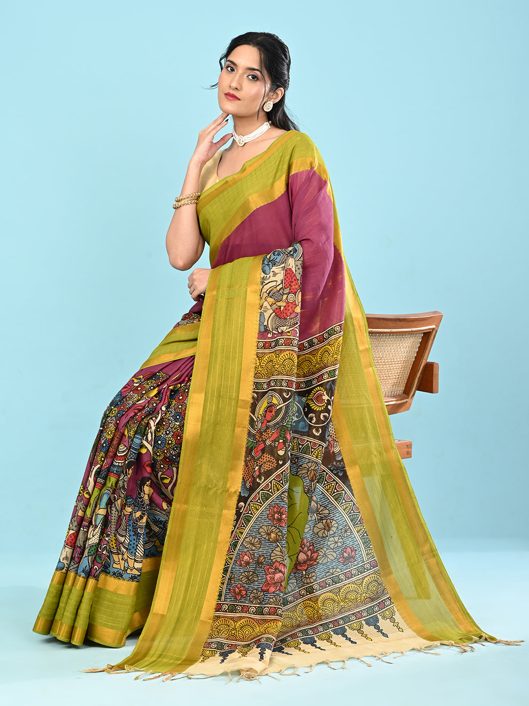 Manjari Purple Pen Kalamkari Saree