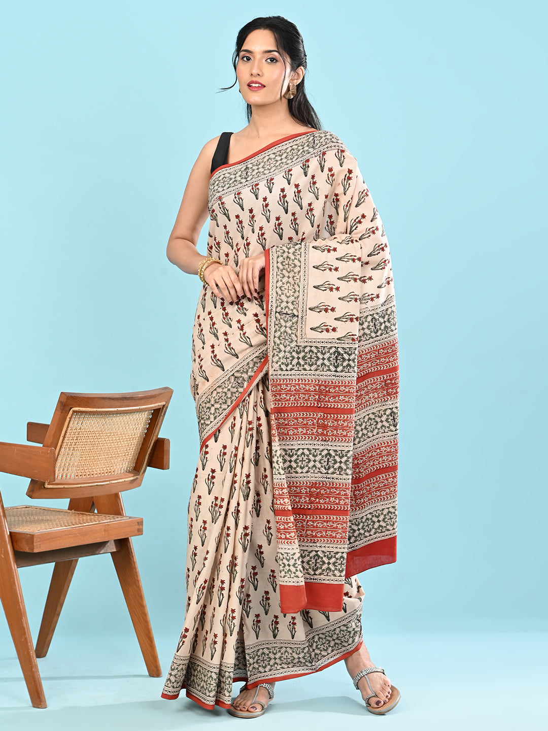 Chaap Beige Bagru Saree