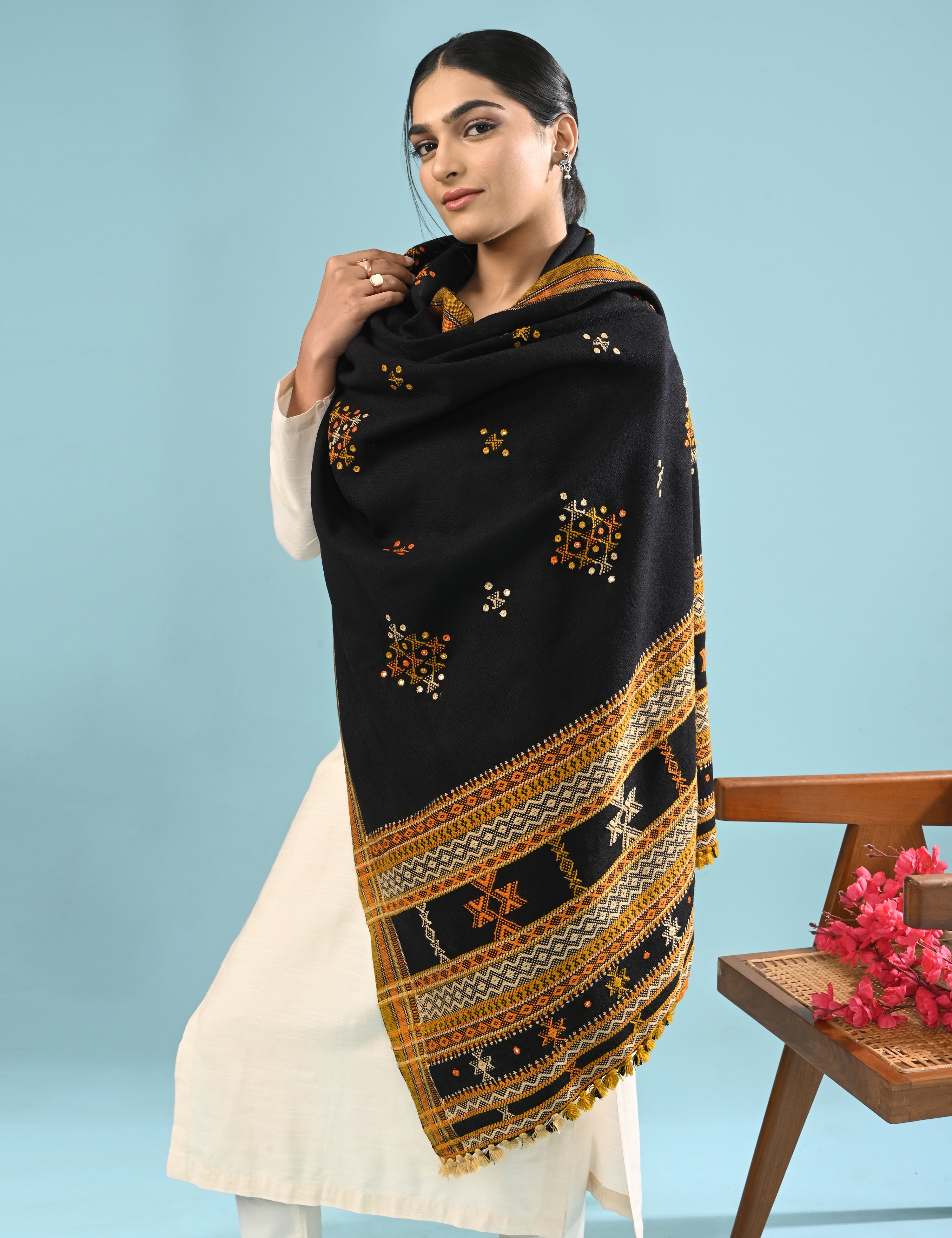 Thavare Black Kutch Embroidery Shawl