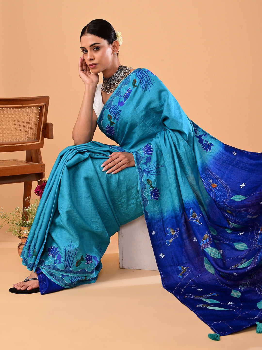 Padma Turquoise Applique Saree
