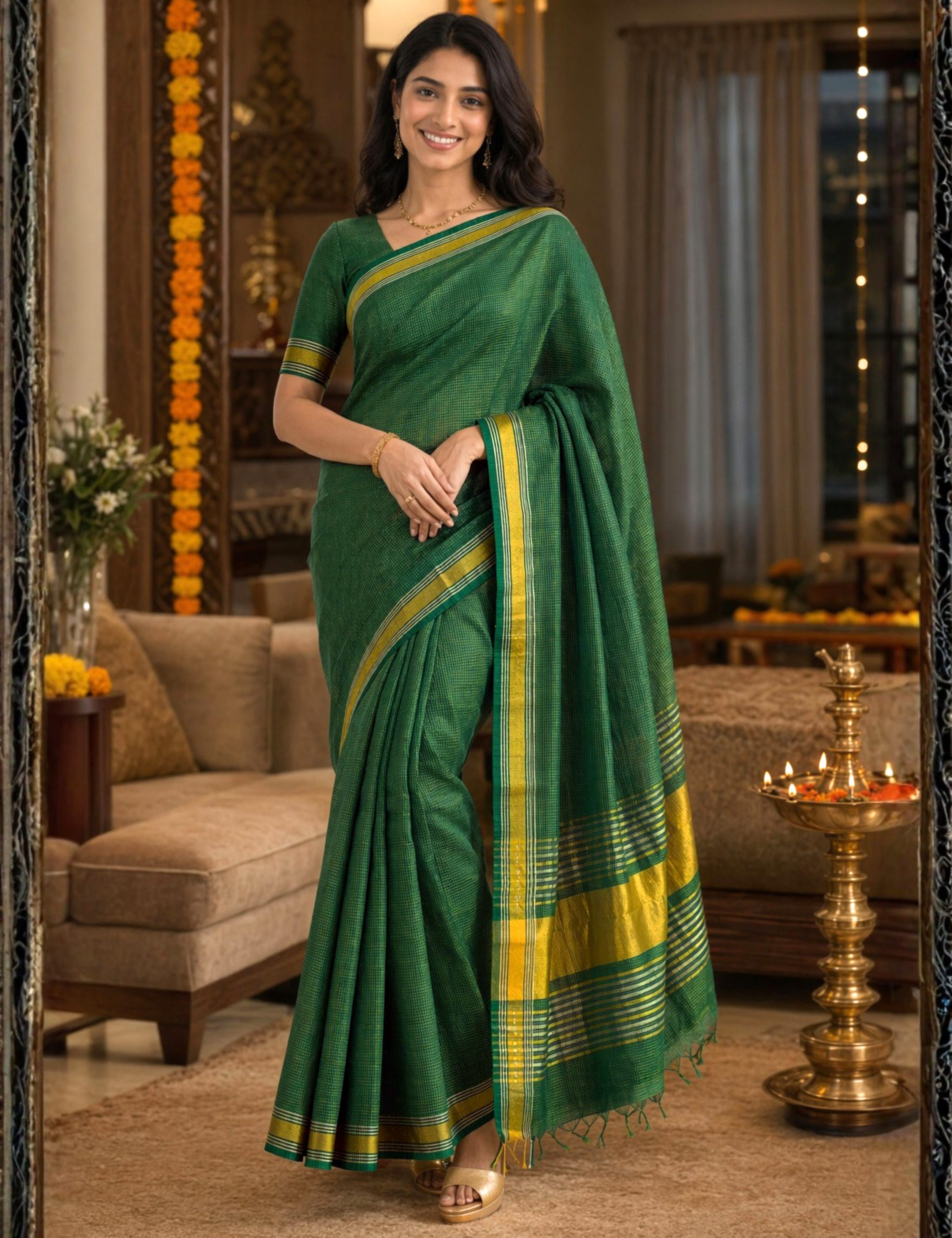 Nanu Kattam Dark-Green Venkatagiri Saree