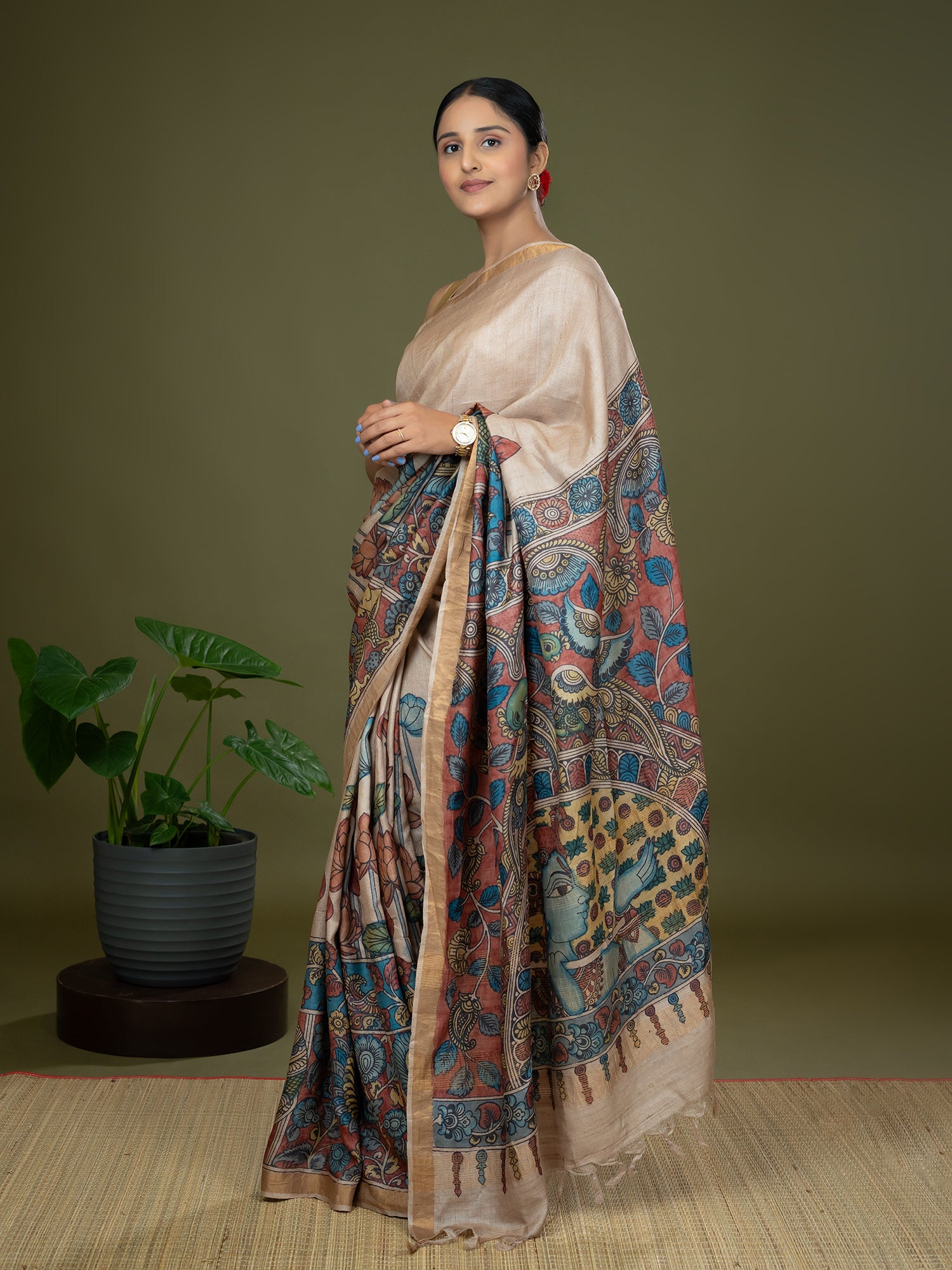 Manjari Beige Kalamkari Saree