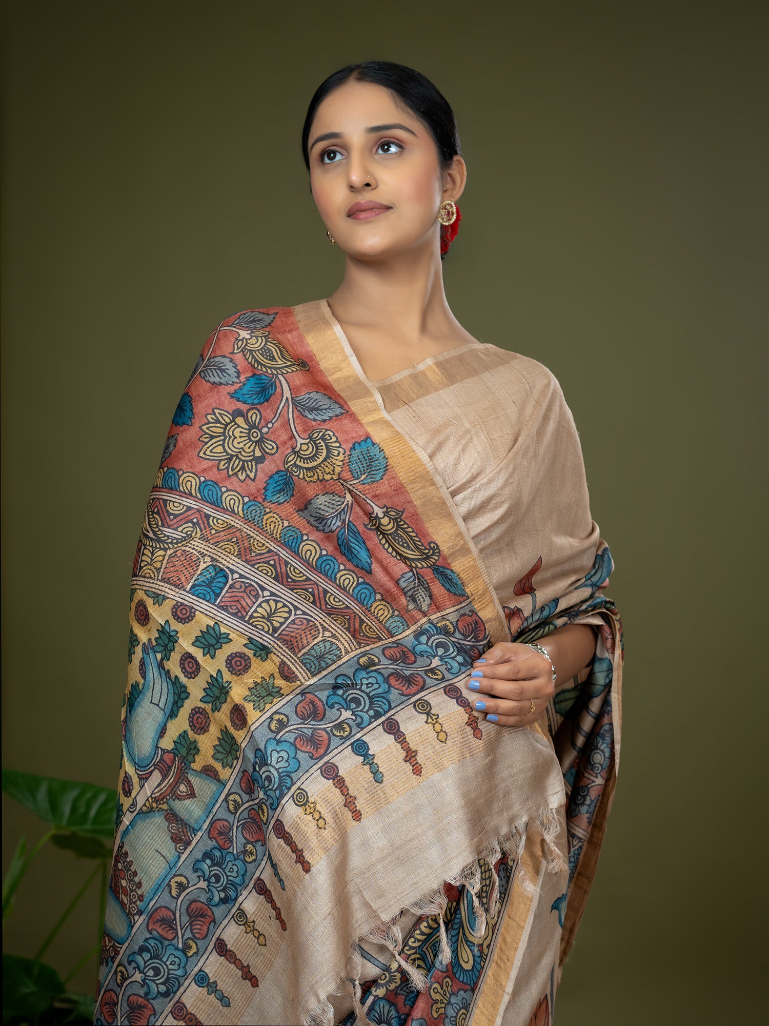 Manjari Beige Kalamkari Saree