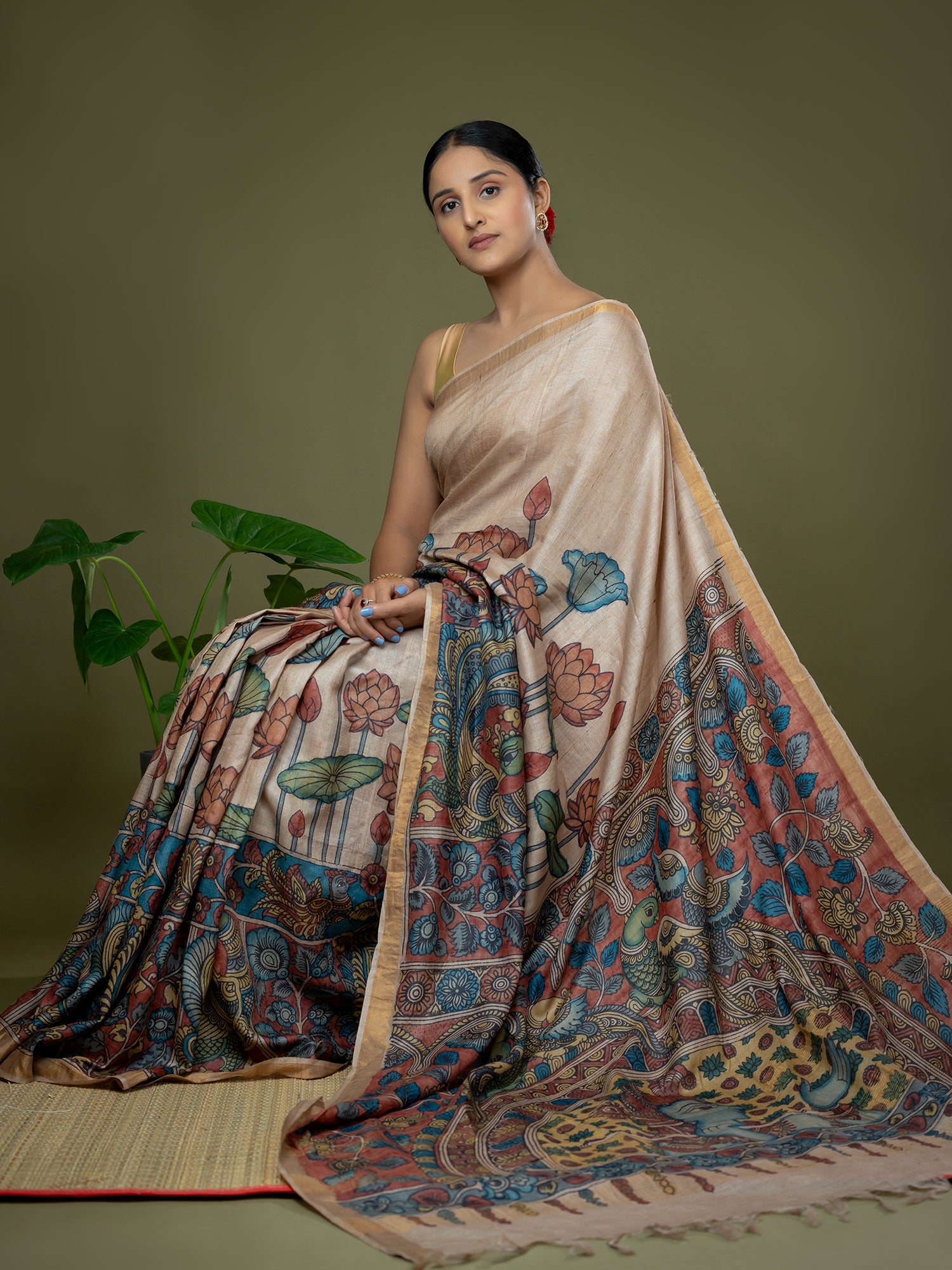 Manjari Beige Kalamkari Saree