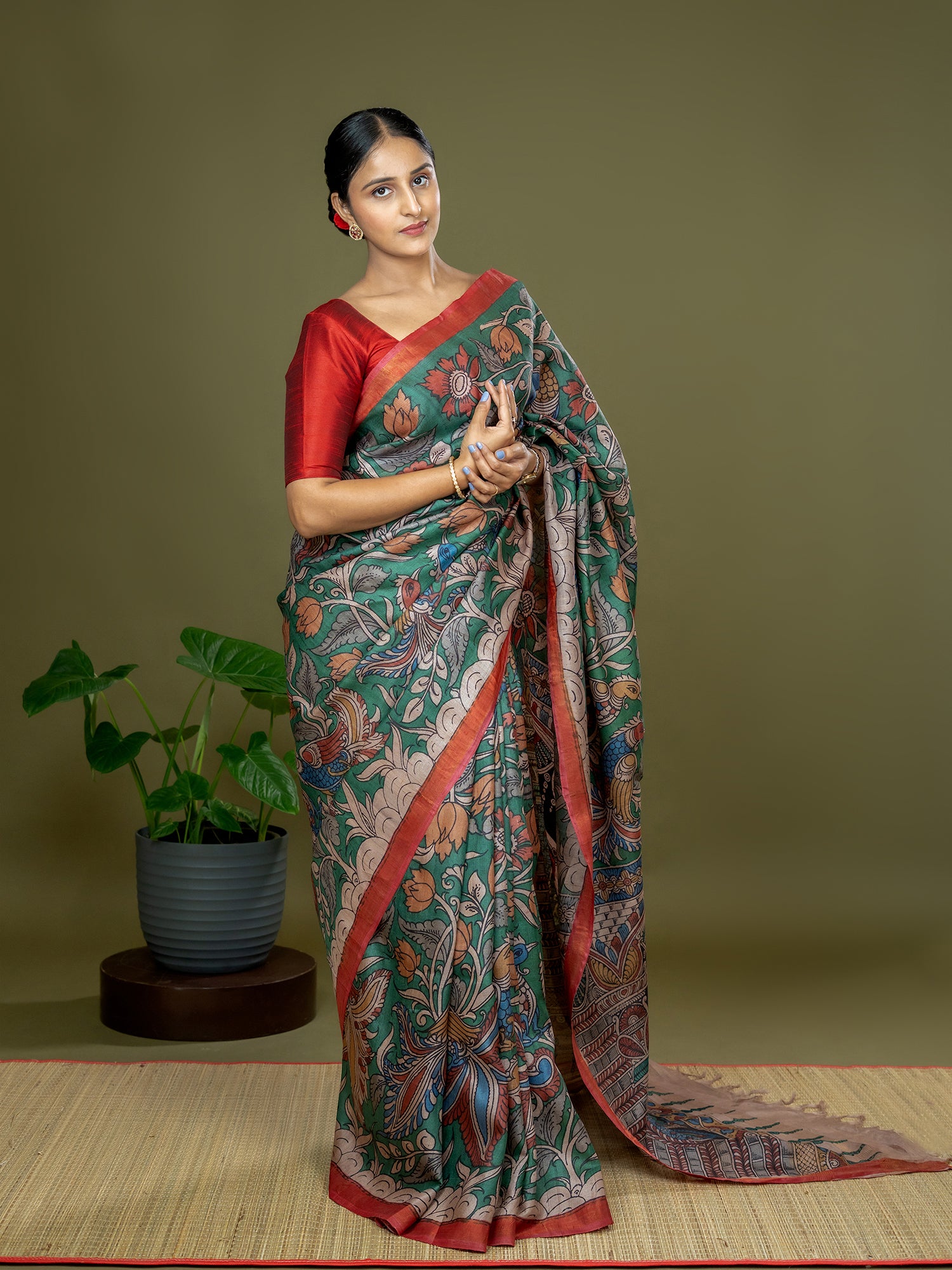 Manjari Dark Green Kalamkari Saree