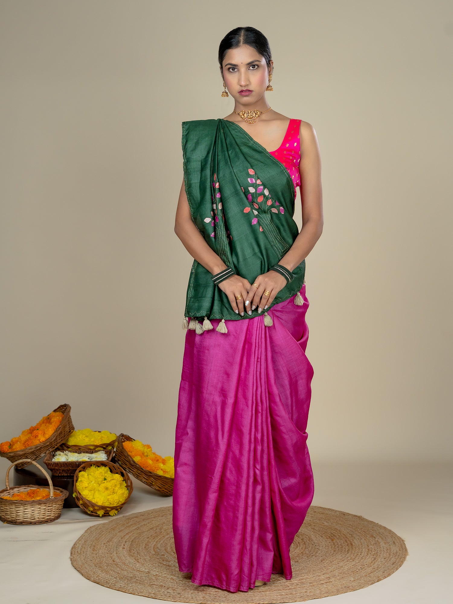 Kalpavruksha Pink Hand Embroidery Applique Saree