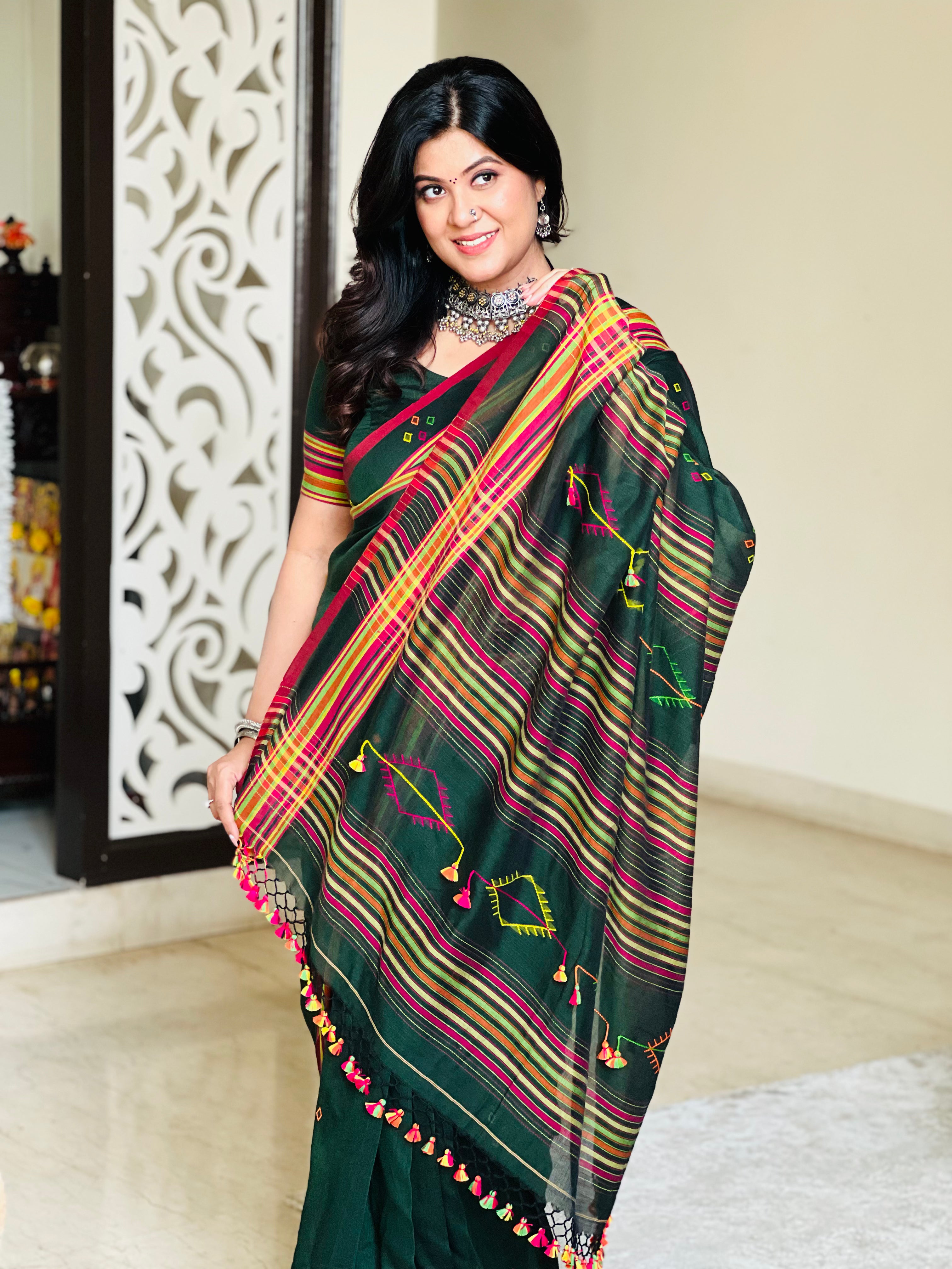 Kashi Bottle Green Bengal Handloom Saree
