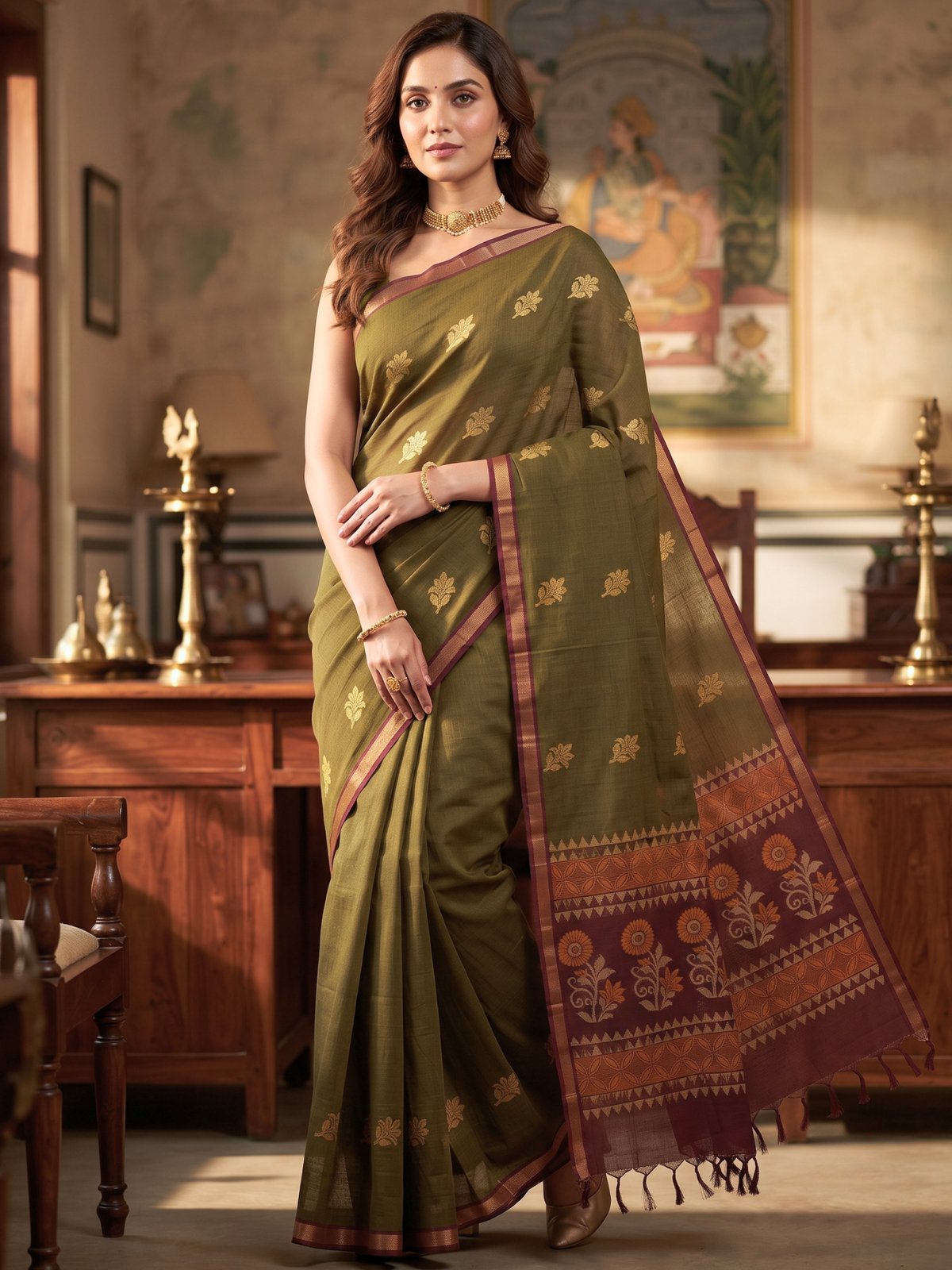 Olive Negamam Cotton Saree
