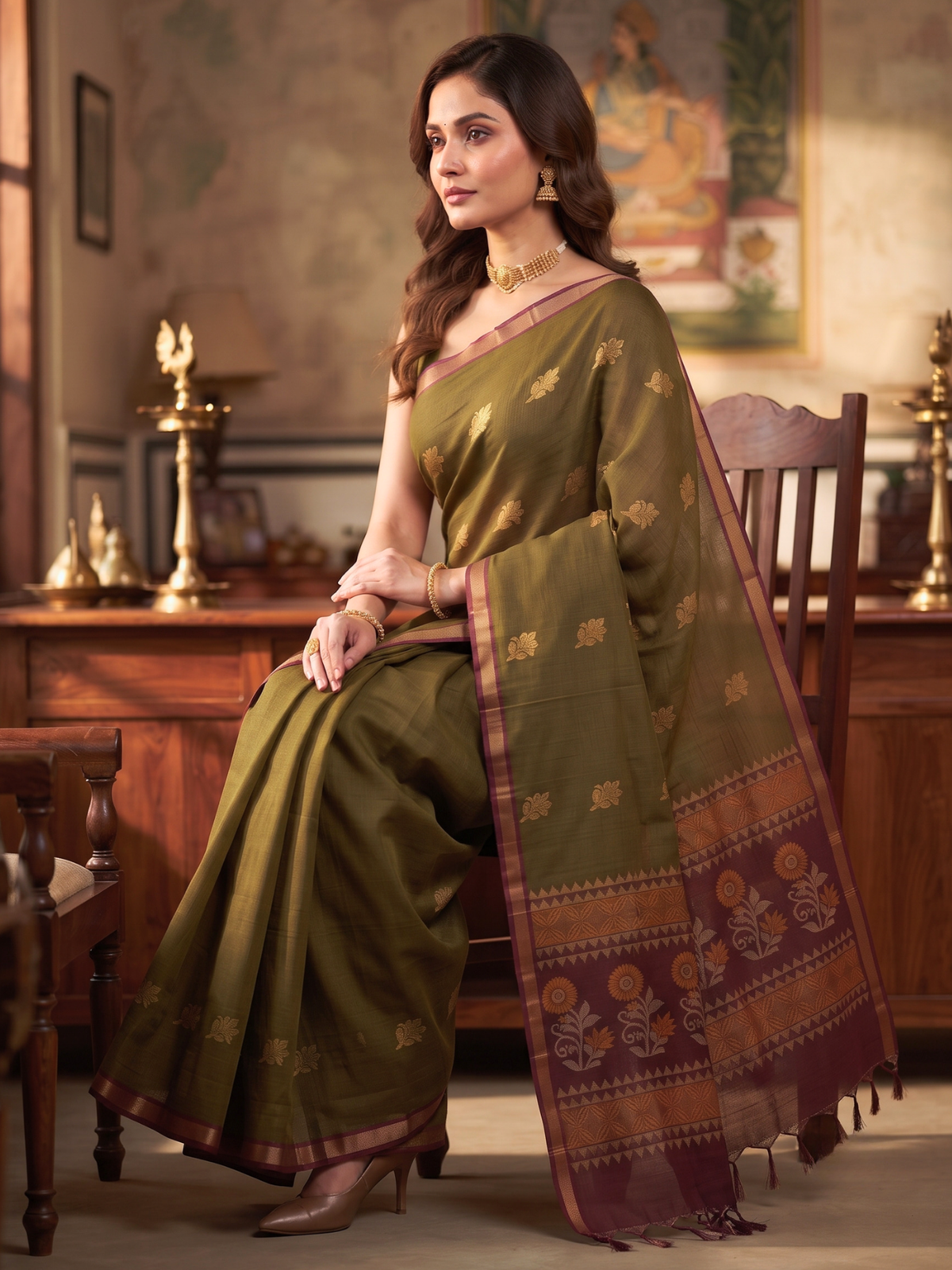 Olive Negamam Cotton Saree