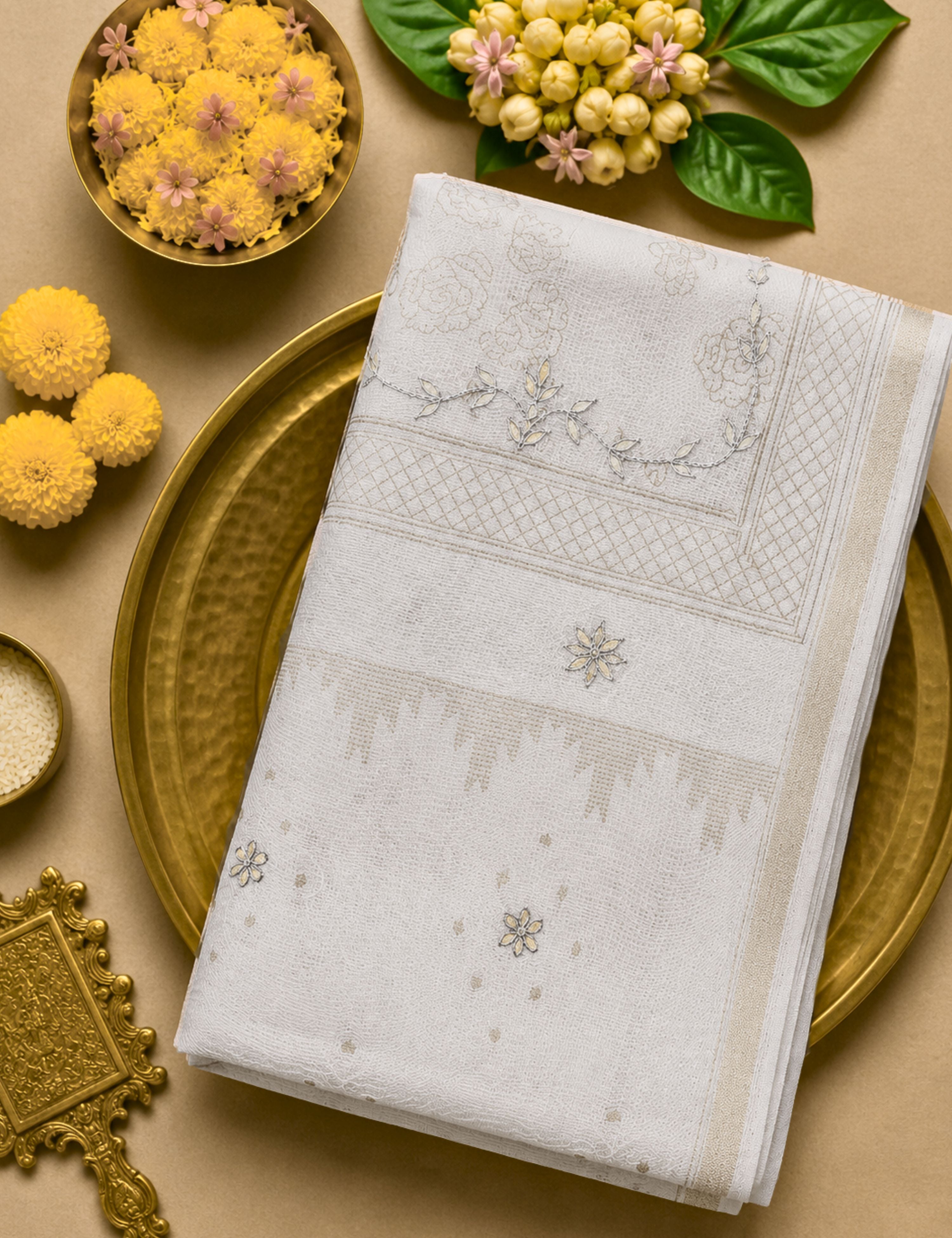 Gulaab White Block Print with Gota Patti Saree