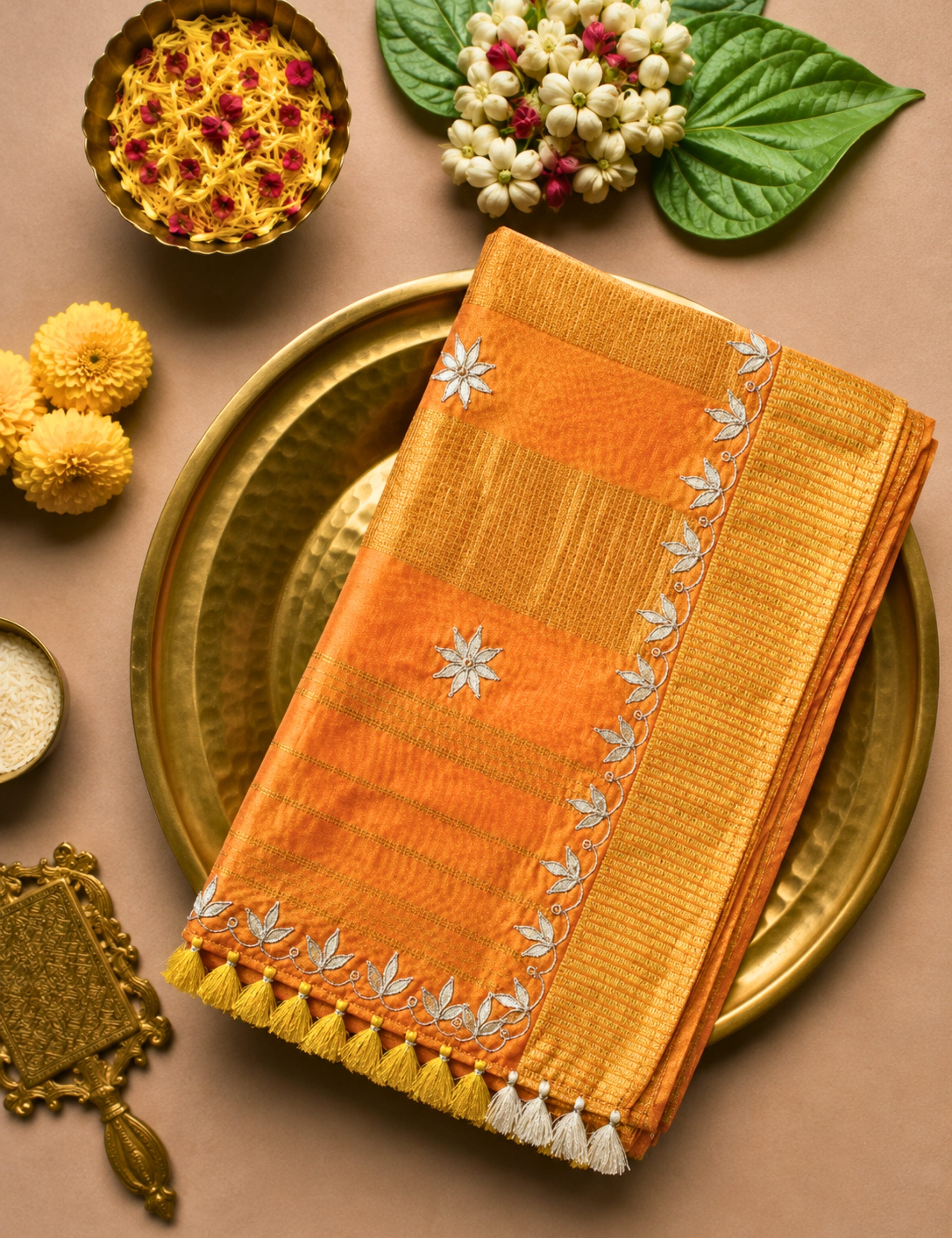 Rajani Orange Kanjevaram Handloom Silk & Gota Patti Saree