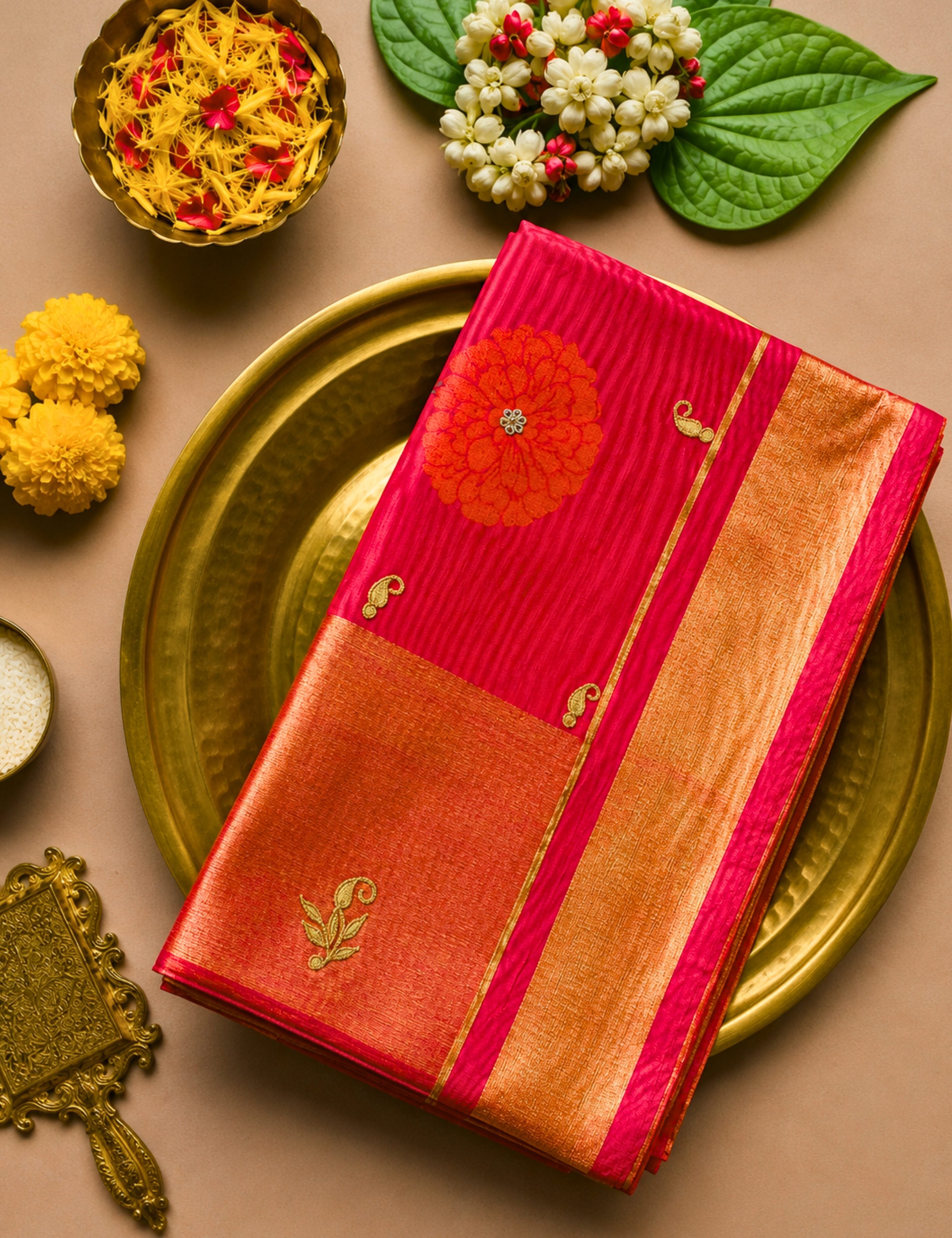 Genda Red Venkatagiri Jamdani & Gota Patti Saree