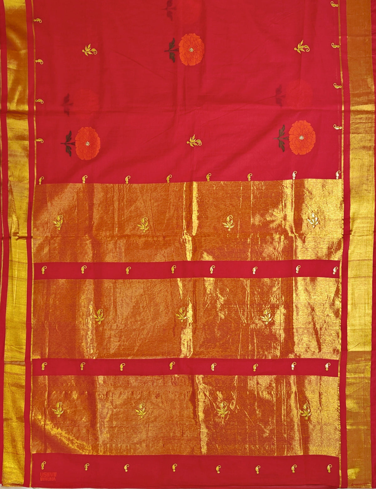 Genda Red Venkatagiri Jamdani & Gota Patti Saree
