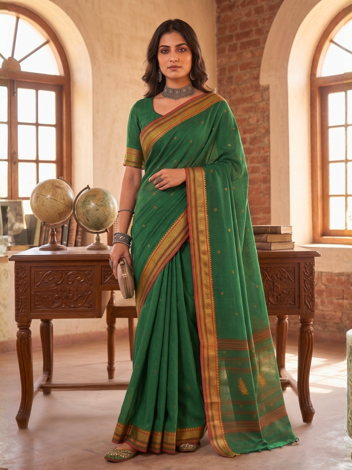 Reena Bottle-Green Dhaniakhali Saree