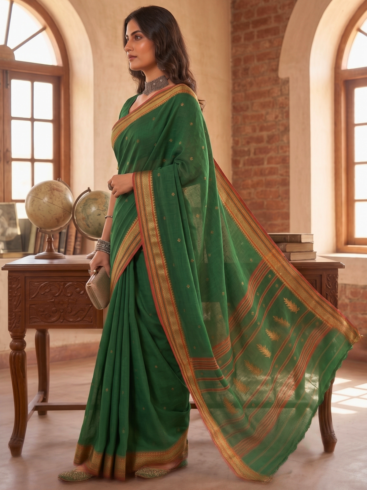 Reena Bottle-Green Dhaniakhali Saree