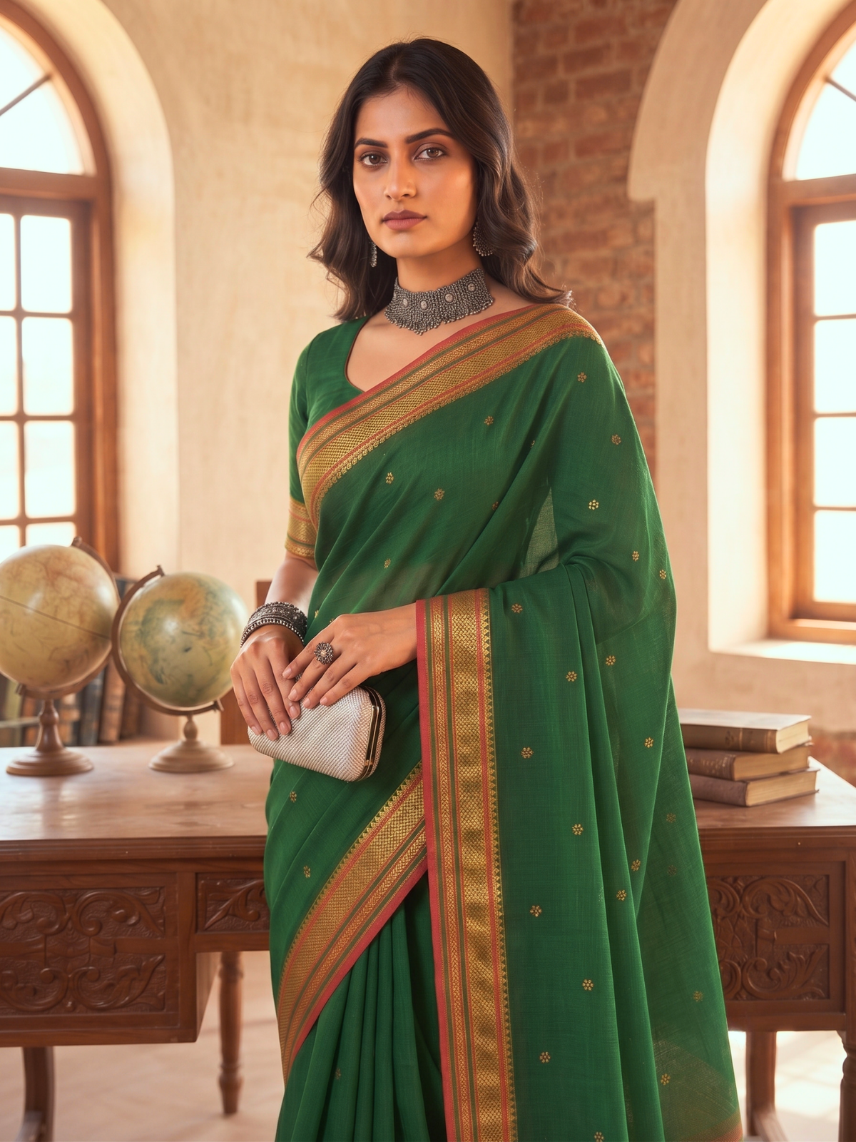 Reena Bottle-Green Dhaniakhali Saree