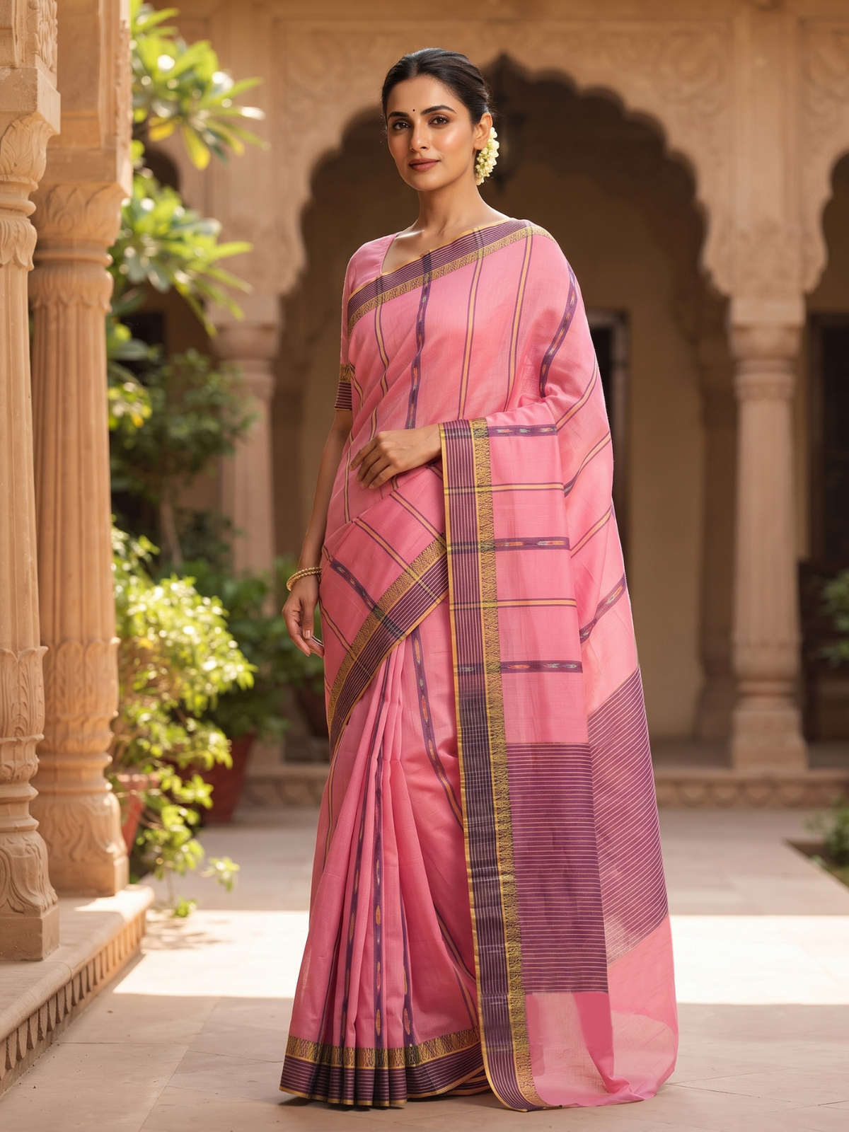 Ambika Pink Dhaniakhali Saree