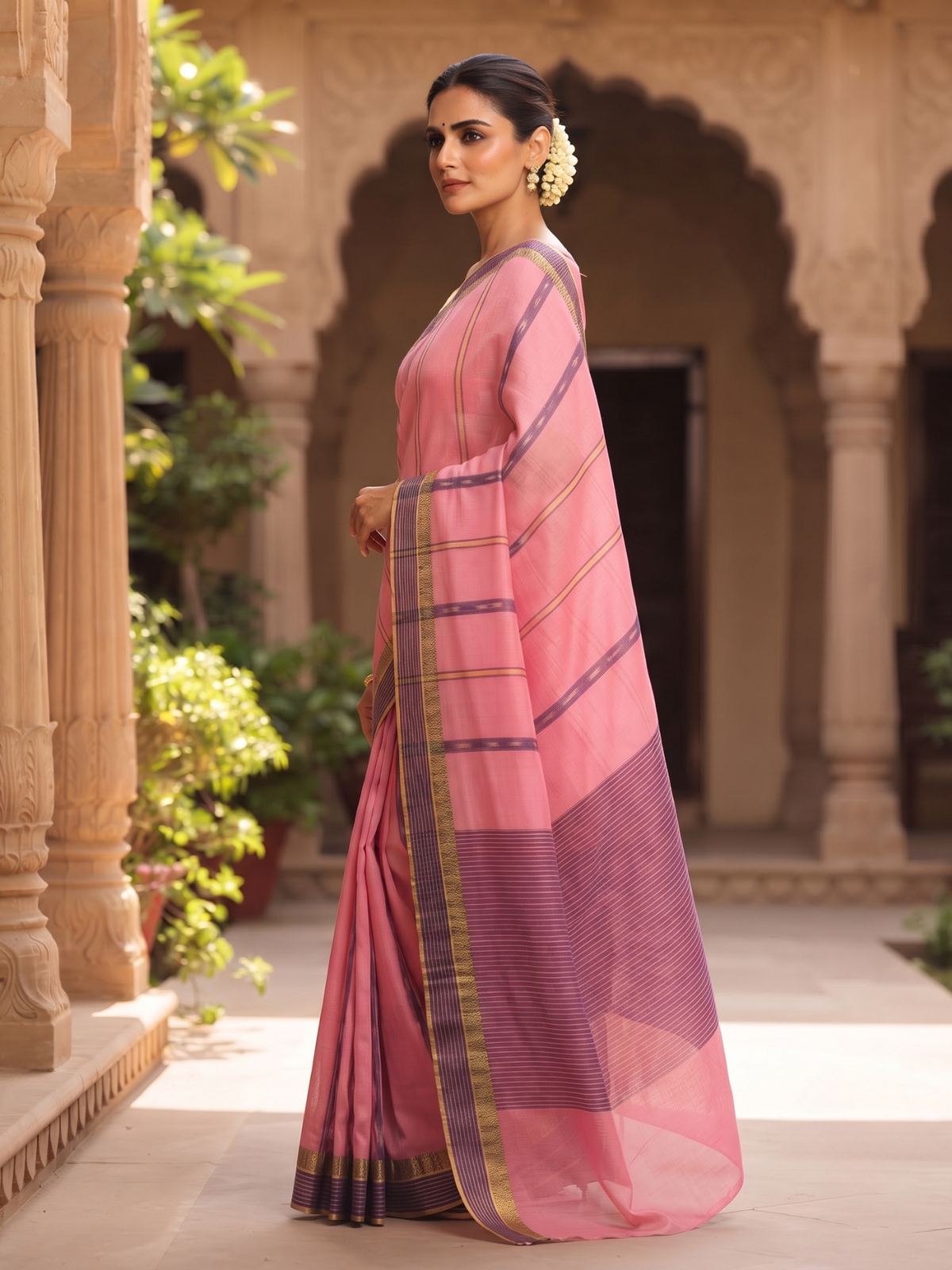 Ambika Pink Dhaniakhali Saree