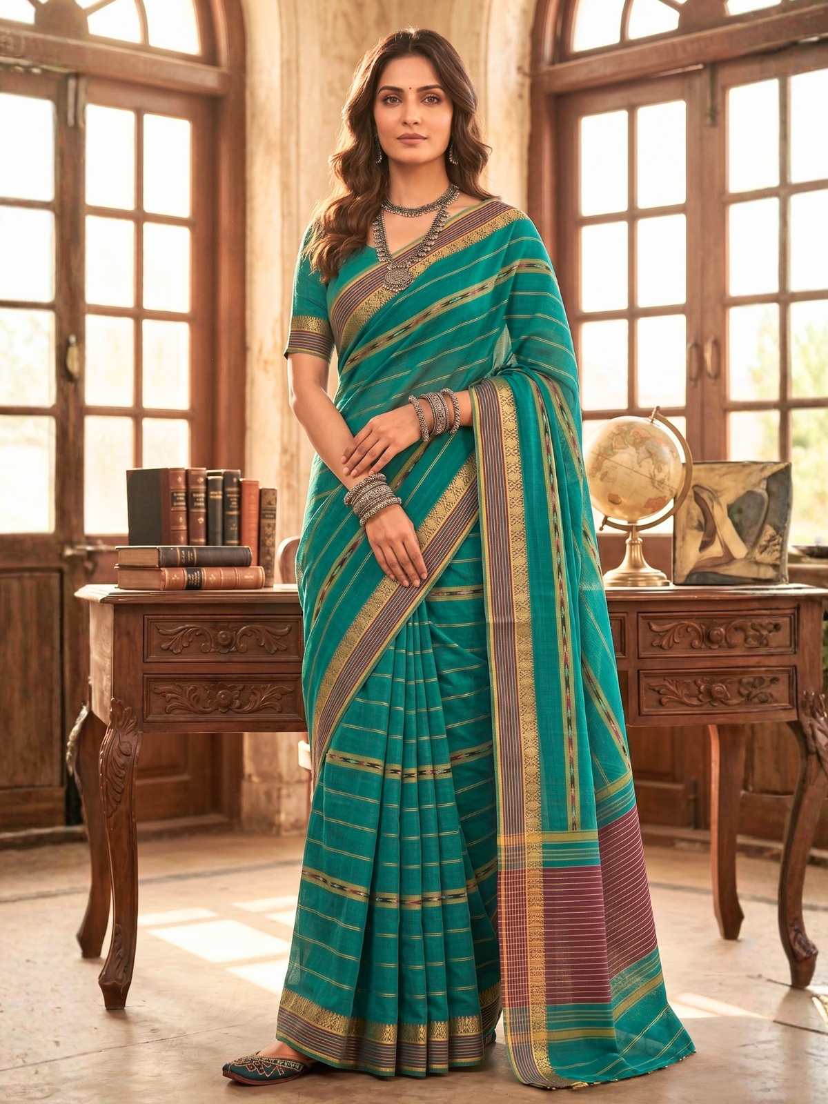 Ambika Turquoise Dhaniakhali Saree