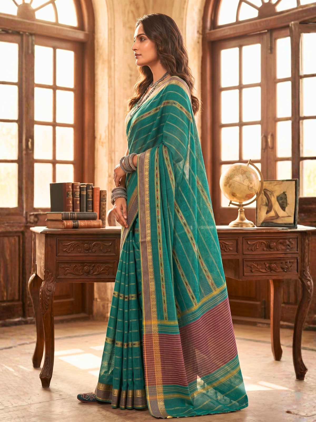 Ambika Turquoise Dhaniakhali Saree