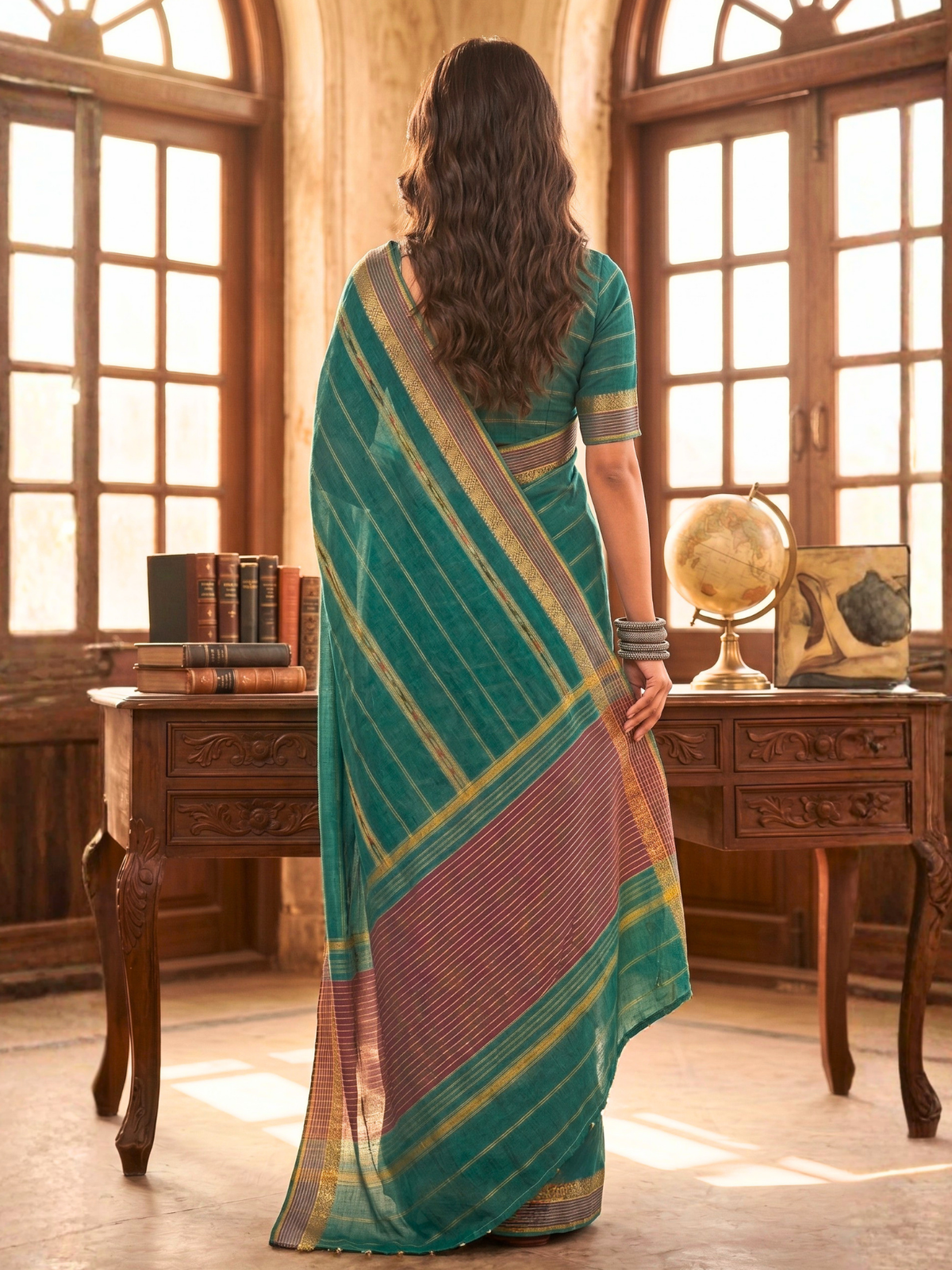 Ambika Turquoise Dhaniakhali Saree