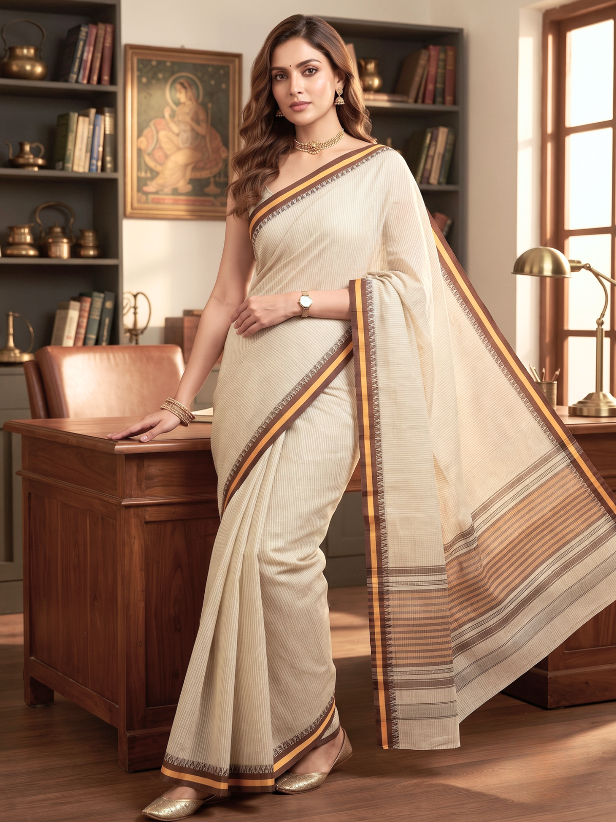 Sarla Beige Dhaniakhali Saree