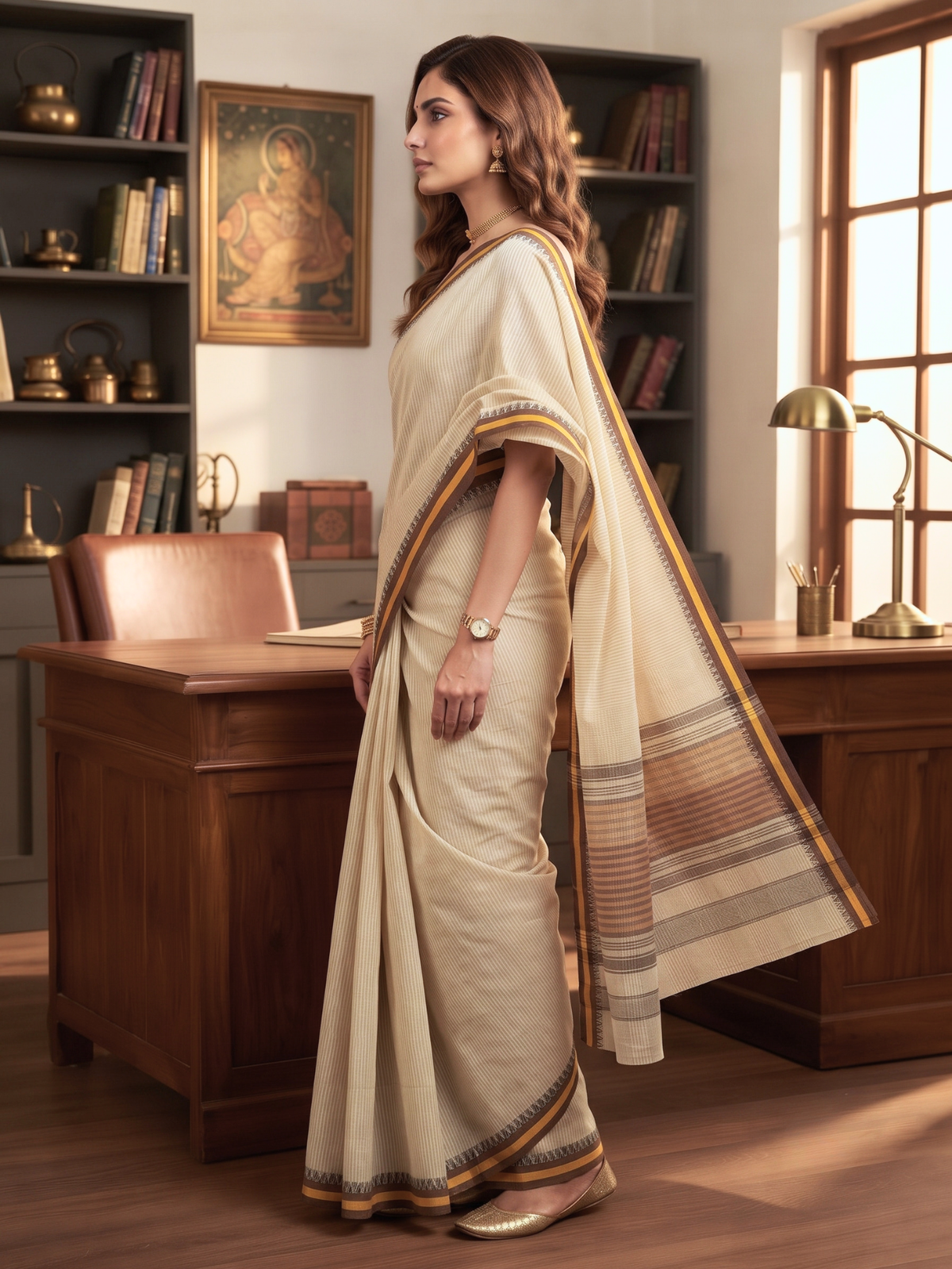 Sarla Beige Dhaniakhali Saree