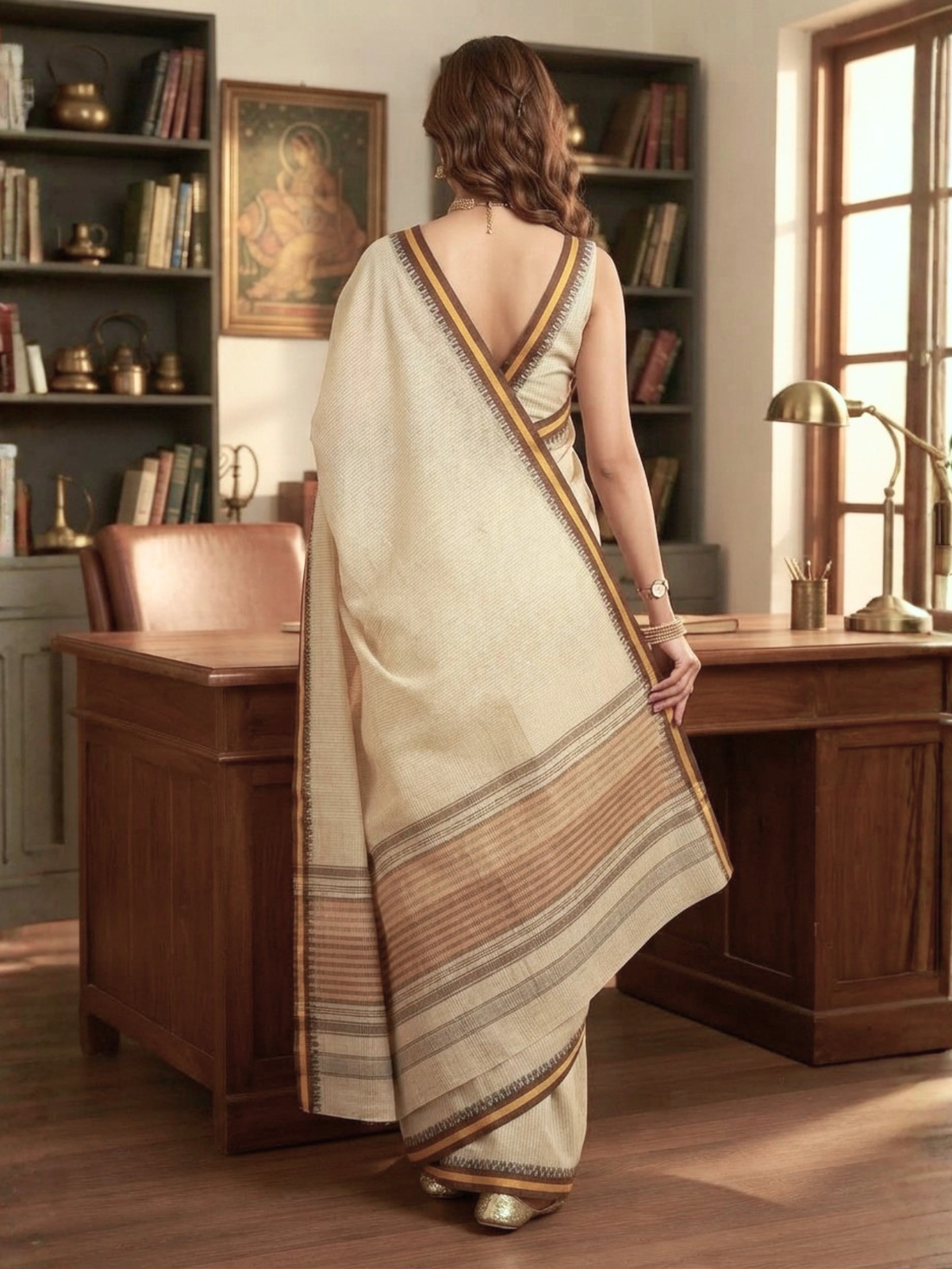Sarla Beige Dhaniakhali Saree