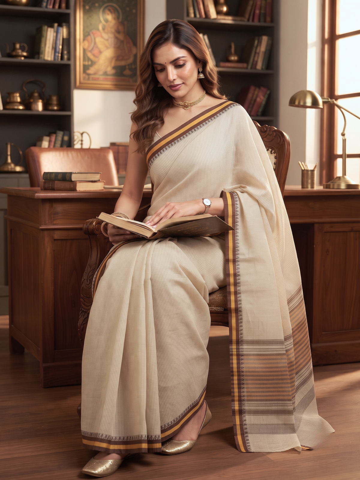 Sarla Beige Dhaniakhali Saree